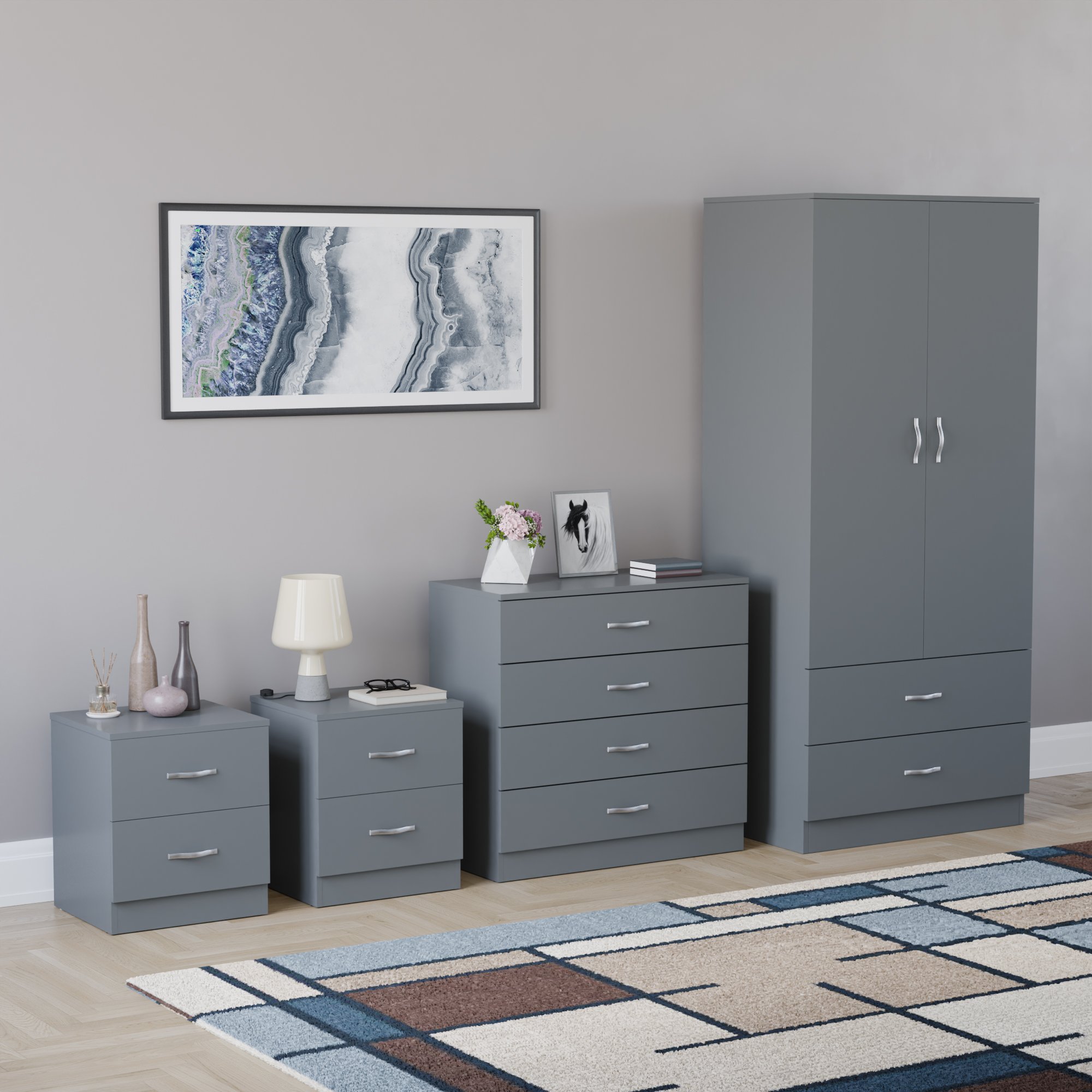 Vida Designs Riano Bedroom Set (Bedsides, 4 Drawer Chest, 2x2 Wardrobe) - Grey