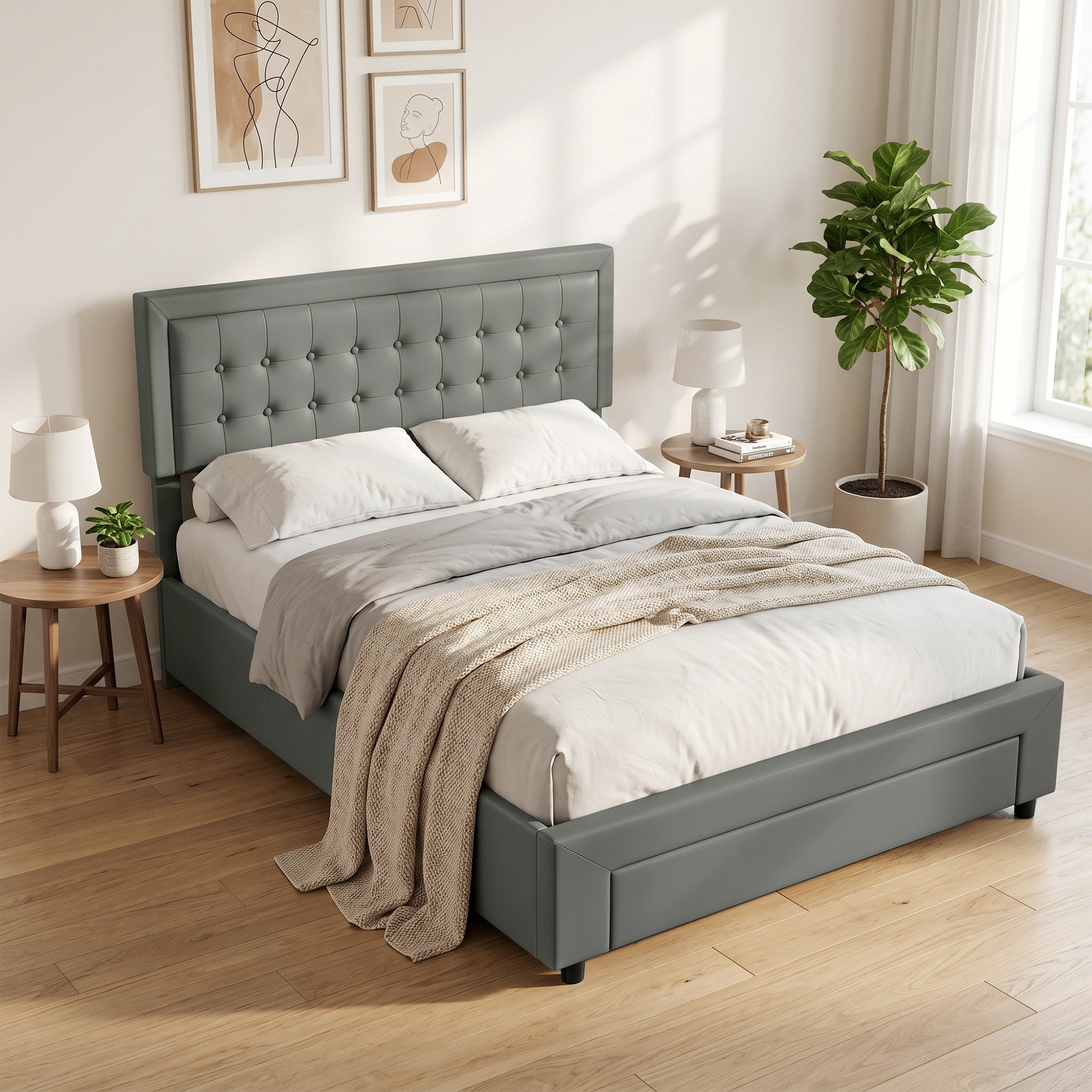 HOMCOM 5FT Kingsize PU Leather Upholstered Bed Frame with Storage Drawer - Grey