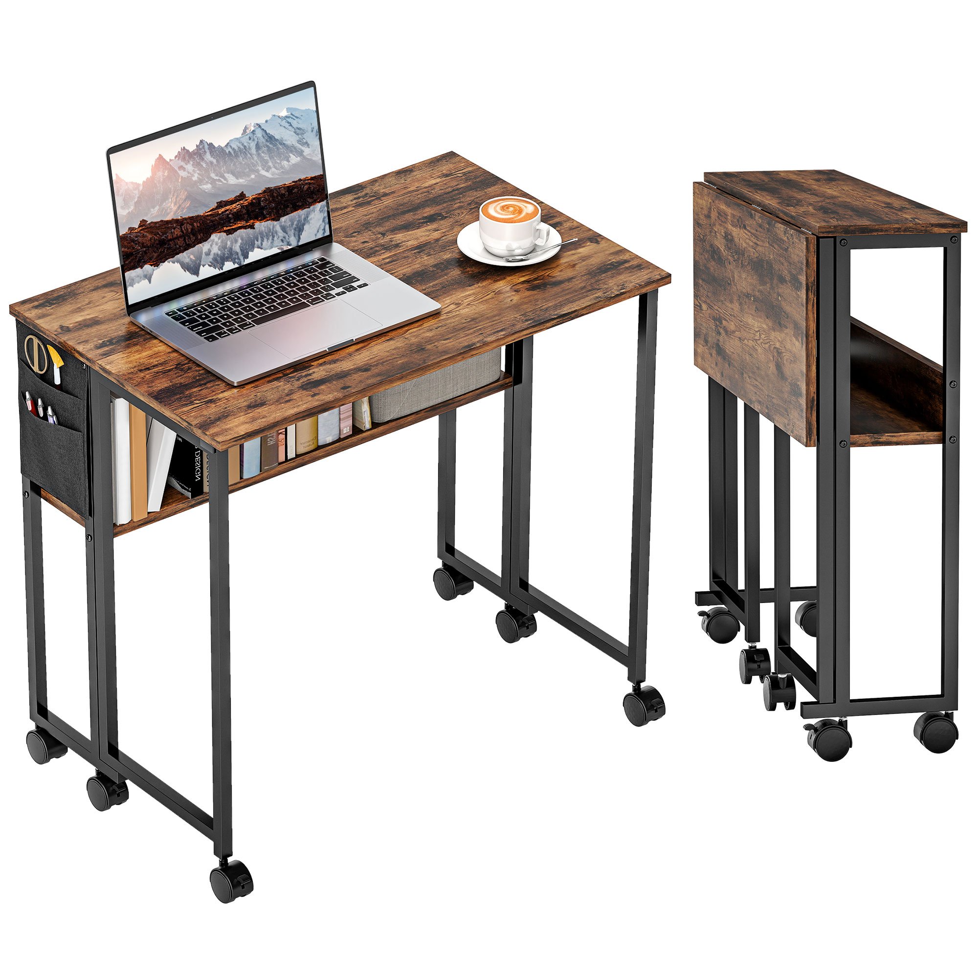 HOMCOM Foldable Office Desk with Storage Shelf - Rustic Brown