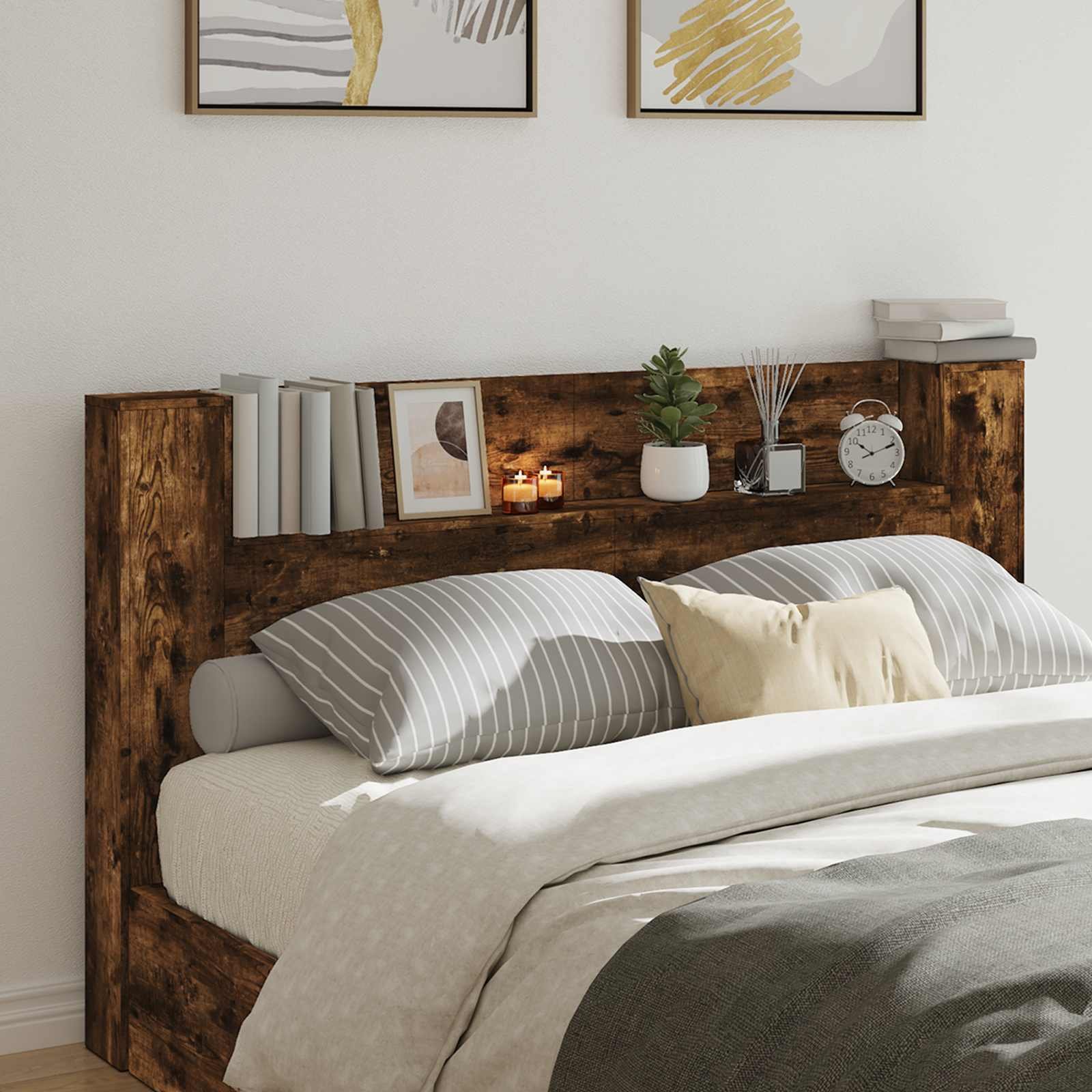 Walplus Wood LED Storage Headboard - Dark Oak - 180 x 16.5 x 103.5 cm