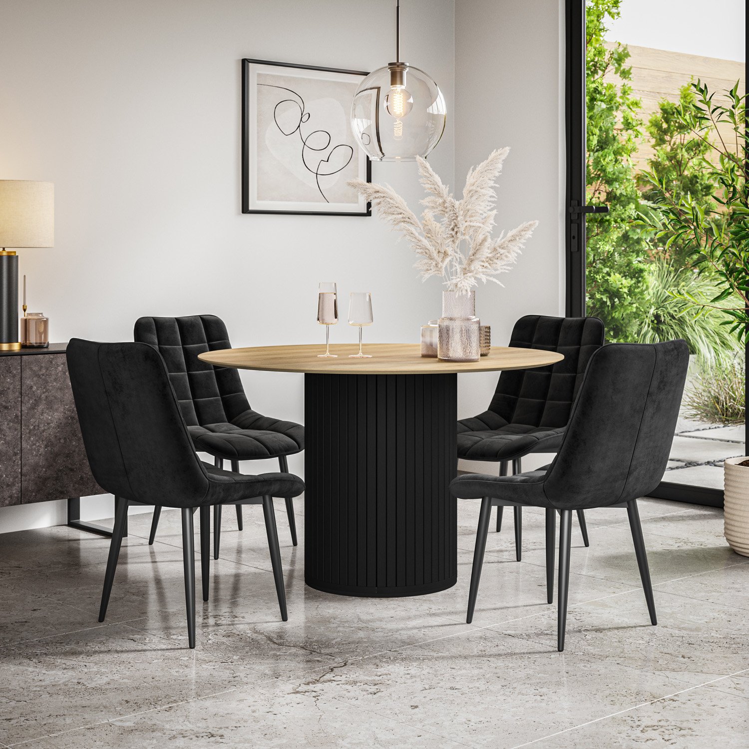Furniture Online Arlo Nova Oak Top w Blk Legs Dining Table & 6 Black Chairs