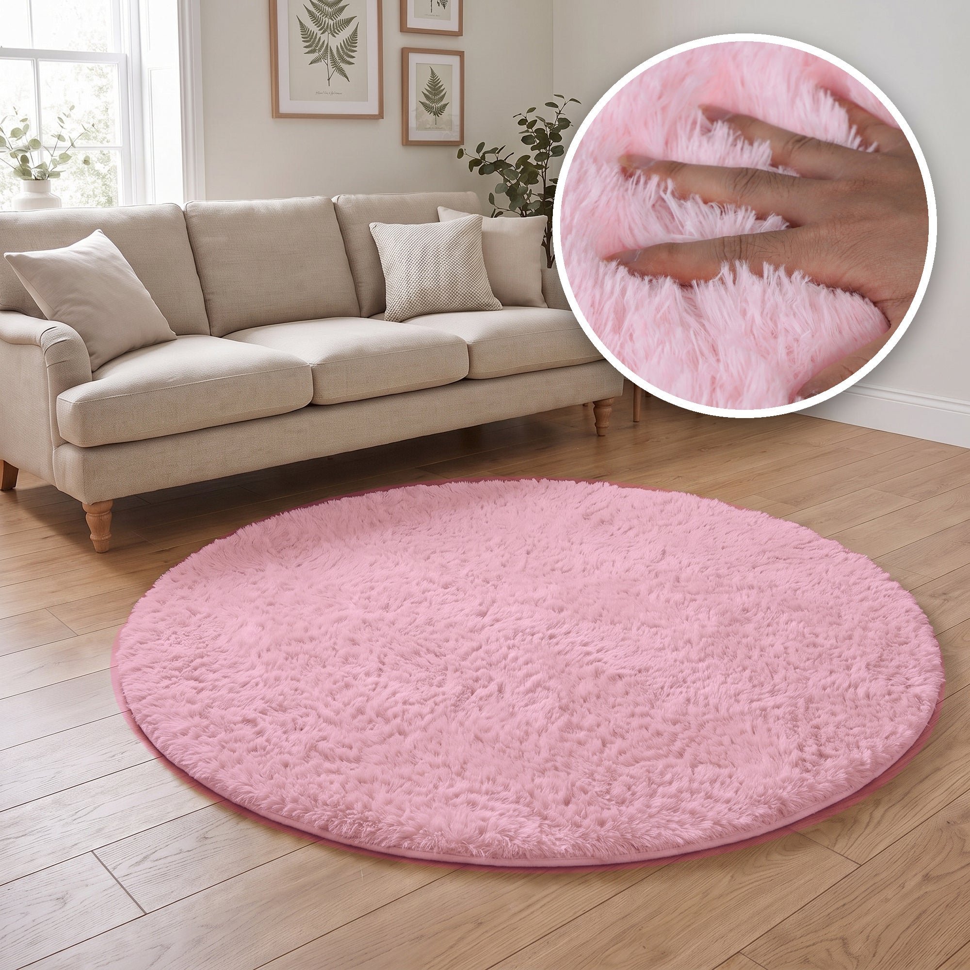 The Rugs Pink Lush Plain Washable Non Slip Shaggy Round Rug - 80cm