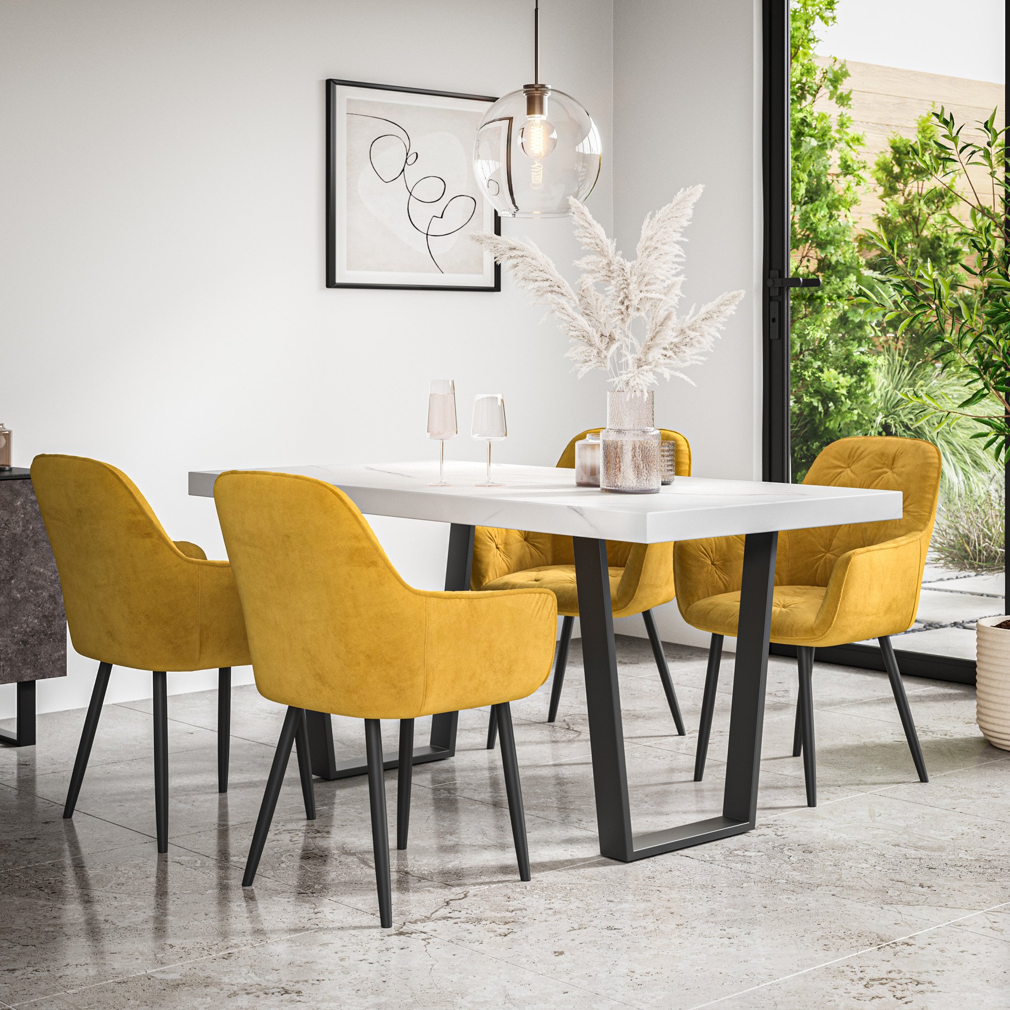Furniture Online Aria Anika Marble Effect Dining Table & 4 Mustard Chairs