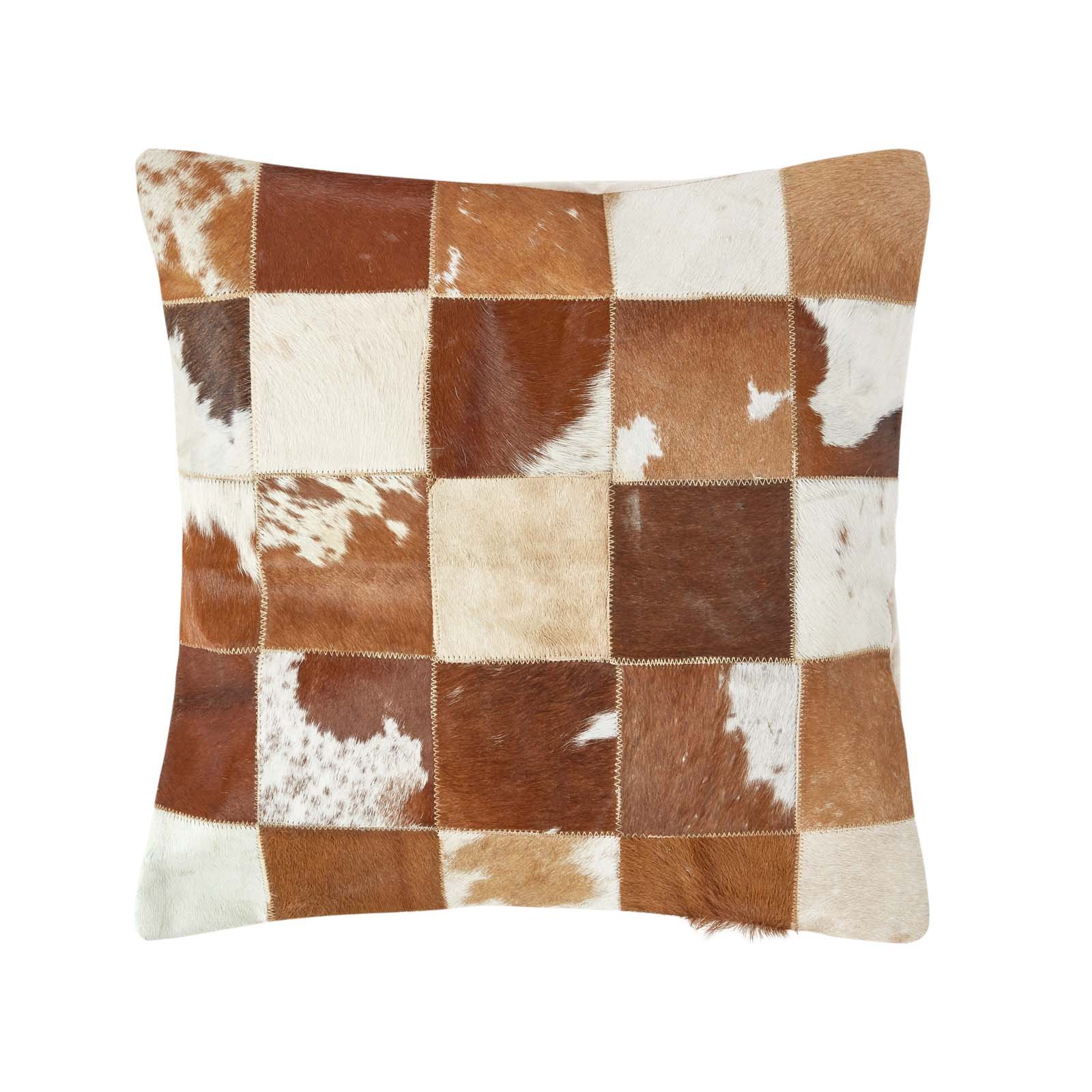 Homescapes Beige Leather & Goat Hair Checked Filled Cushion