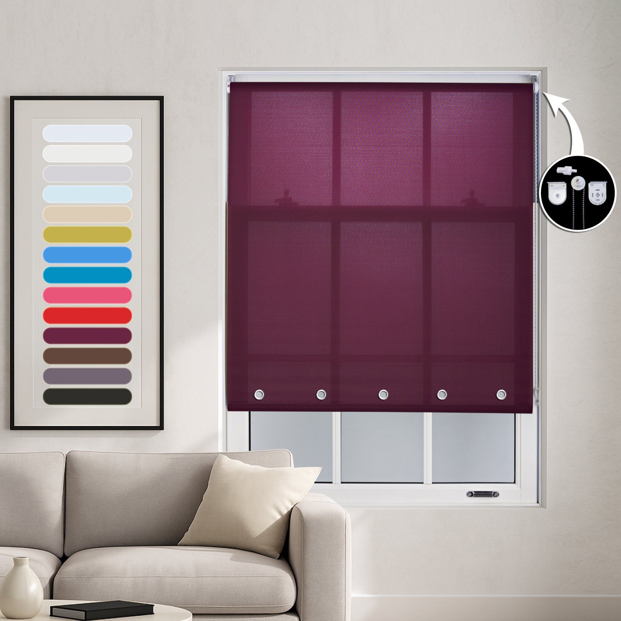 Furnished Aubergine Daylight Roller Blind witth Round Eyelets - 60cm x 165cm