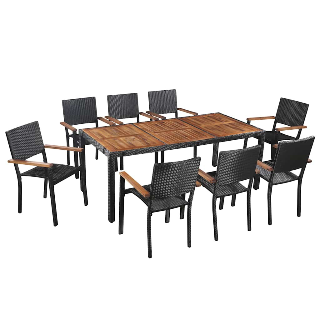 Walplus 9 Piece Acacia Wood Outdoor Dining Set - Black - 190 x 90 x 75 cm