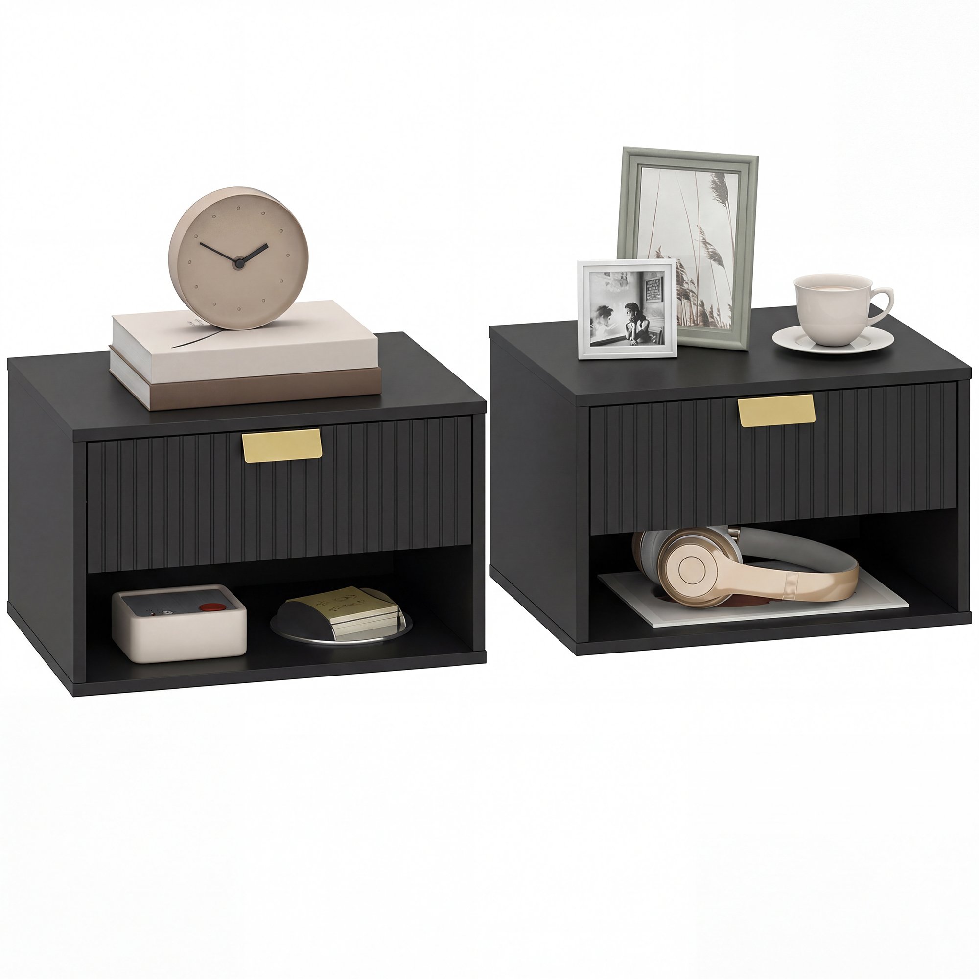 HOMCOM Set of 2 Fluted Wall Mounted Bedside Table with Open Compartment - Black