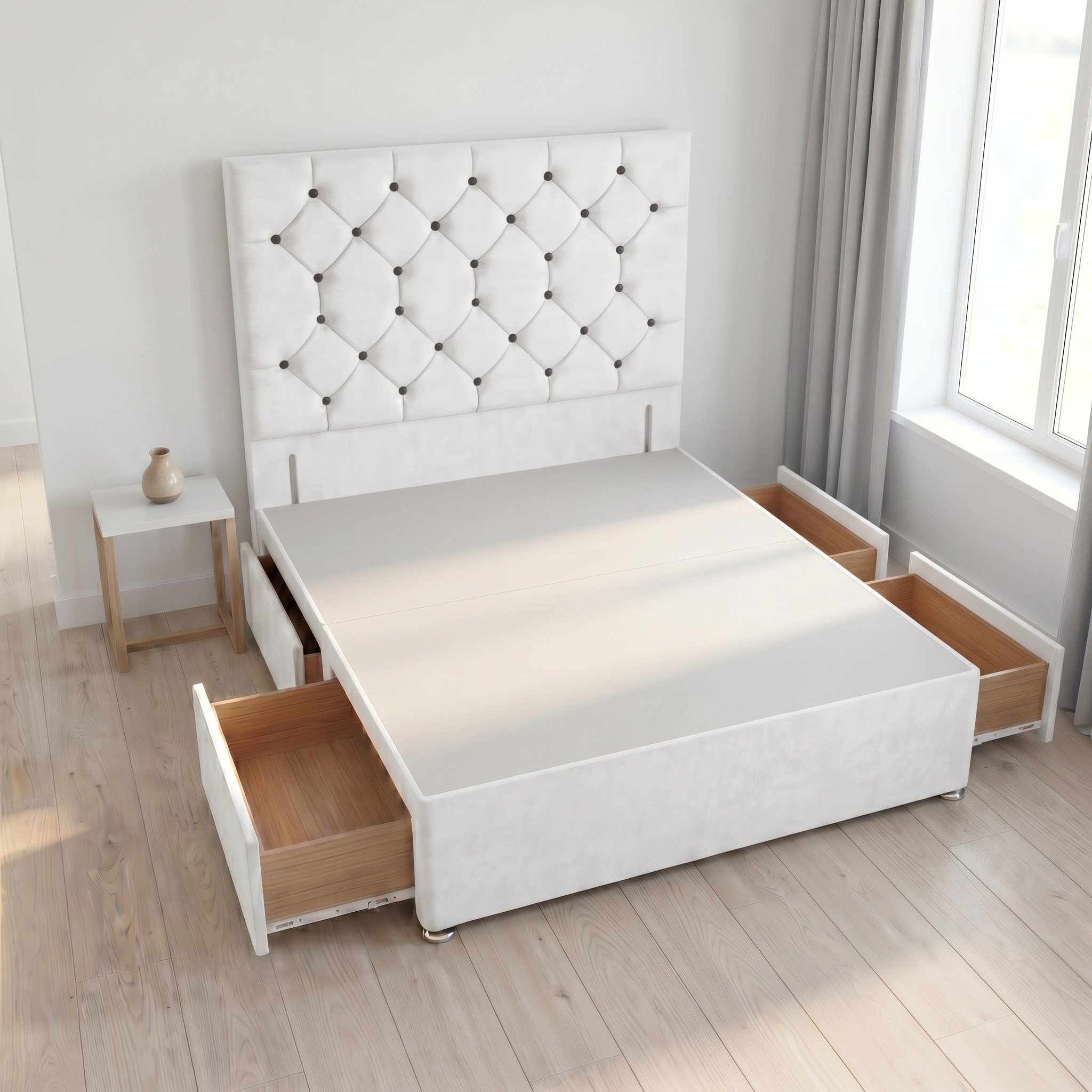 Somnior Diamante Velvet 4FT Small Double 4 Drawer Divan Bed Base - White