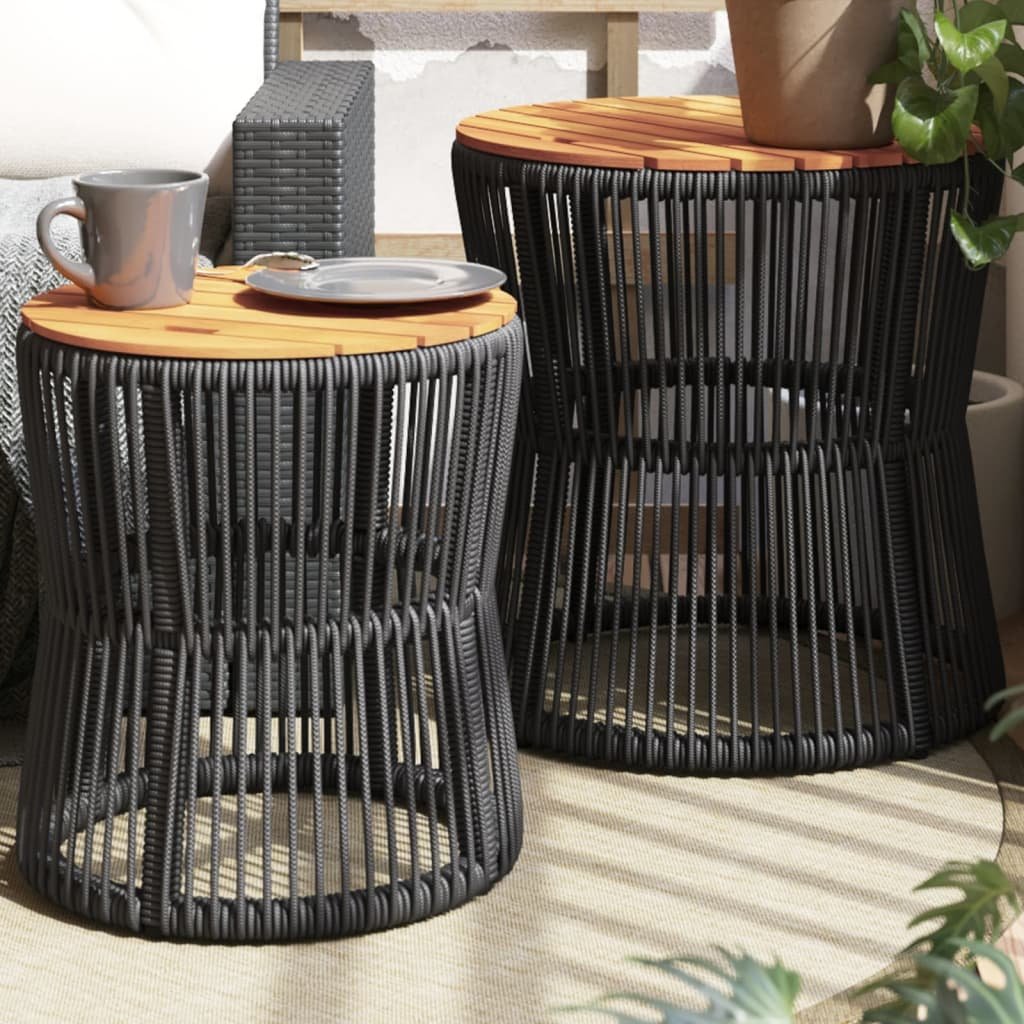 Walplus 2 Piece Poly Rattan Garden Side Tables with Wooden Top - Black