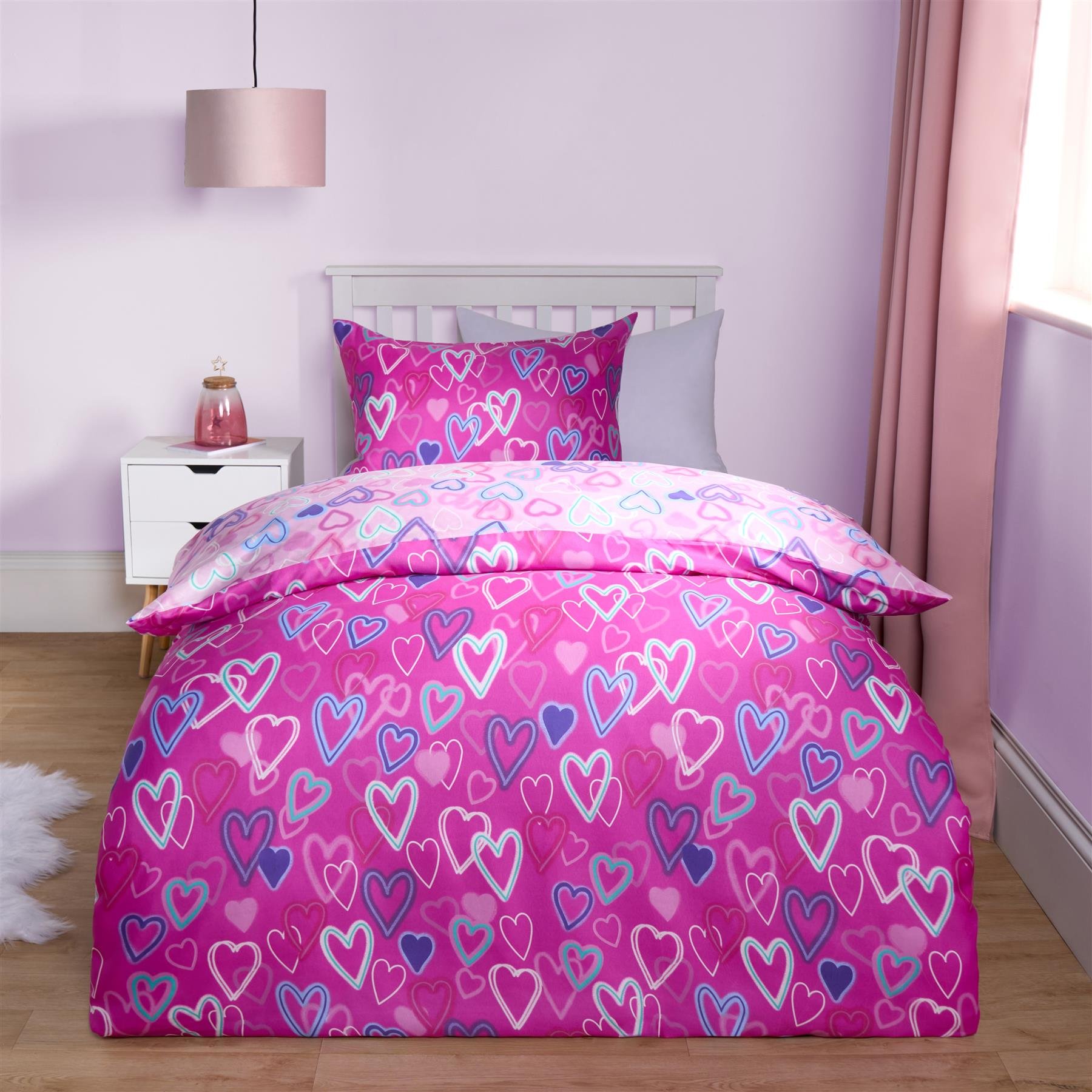 OHS Neon Heart Duvet Cover Bedding Set Reversible Kids Pink - Single