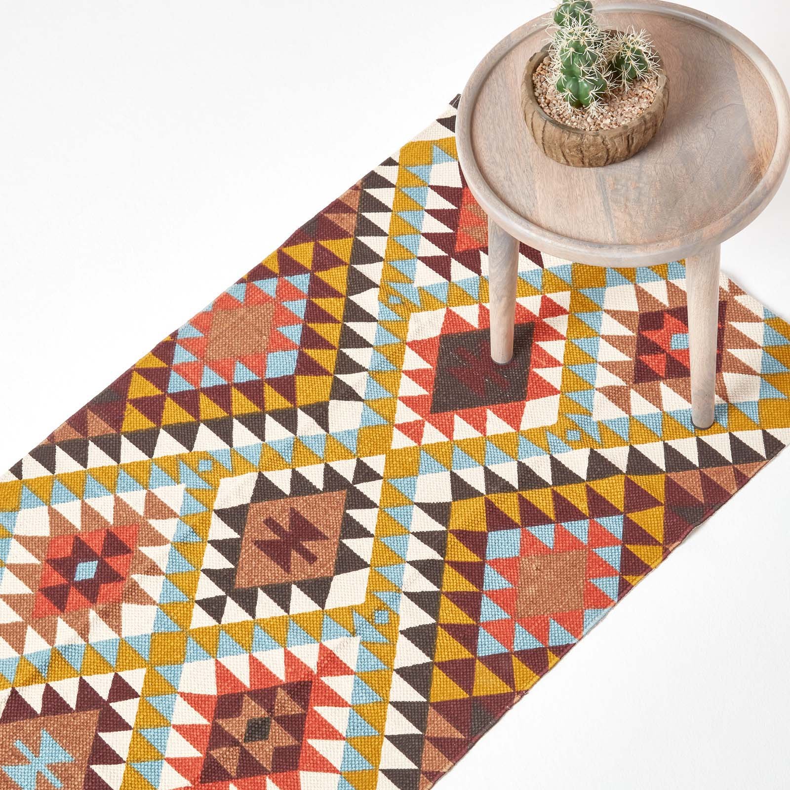 Homescapes Orange Brown Yellow Oslo Cotton Diamond Pattern Rug - 66 x 200cm
