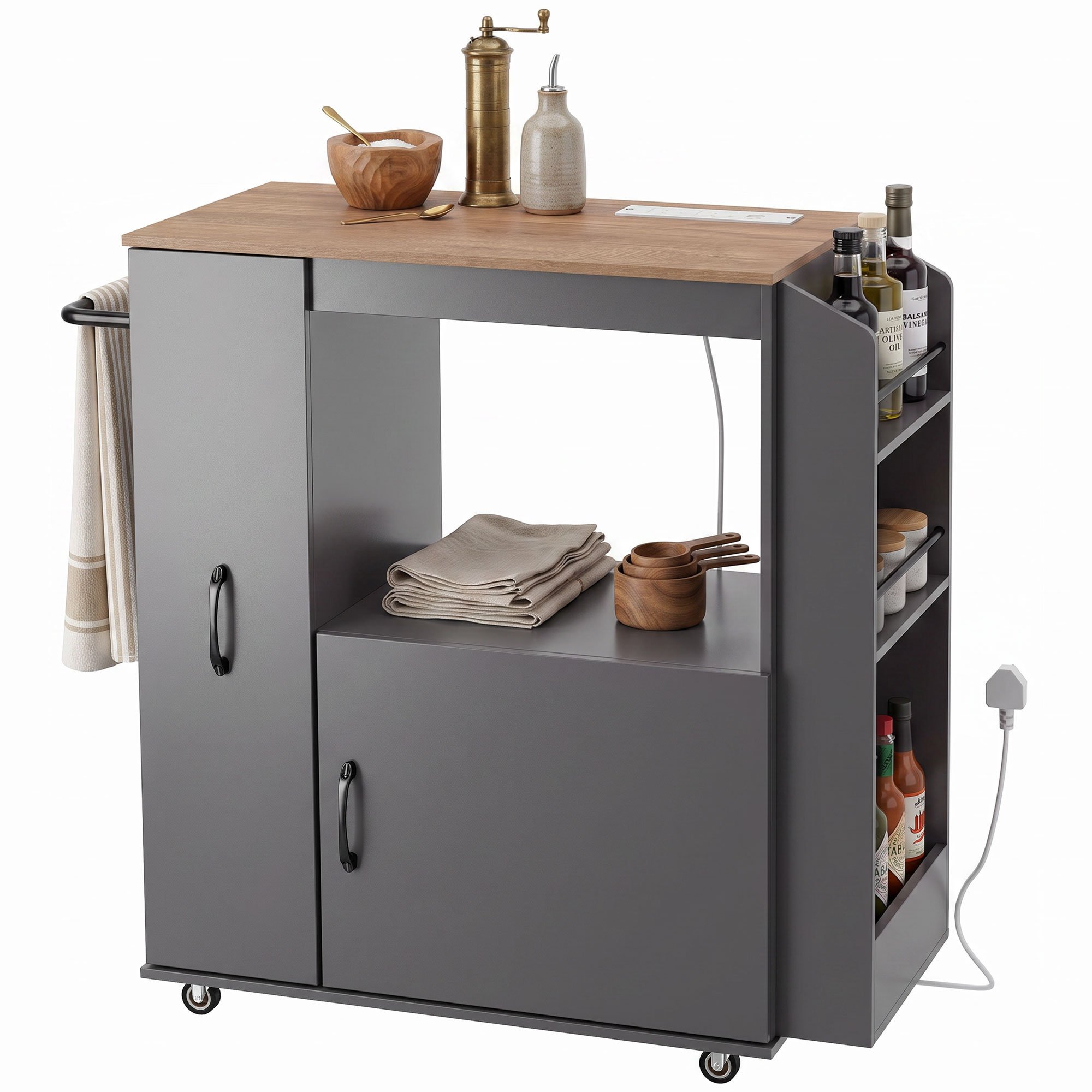 HOMCOM Kitchen Trolley with Power Outlet and Cabinet - Grey