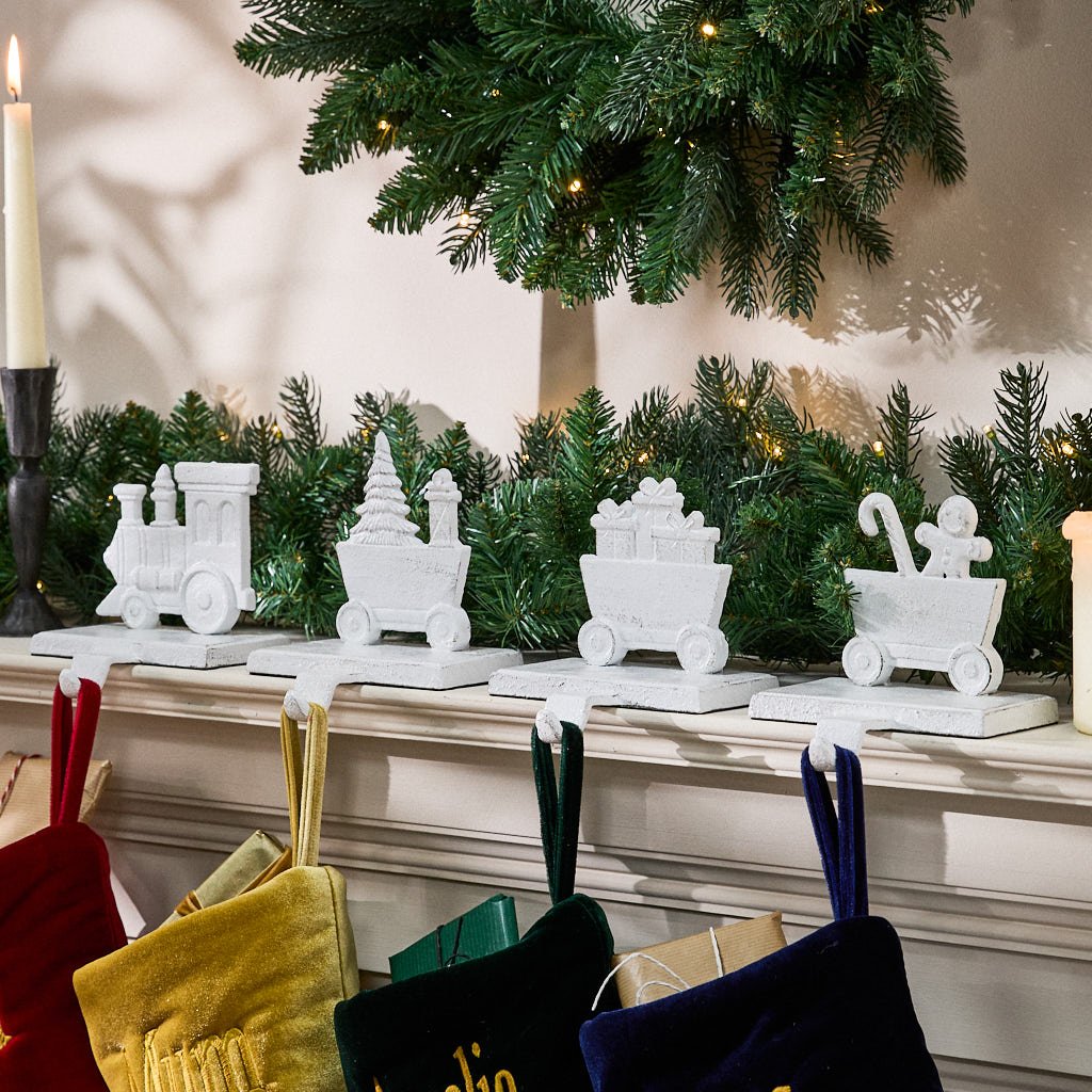 Dibor Cast Iron Train Stocking Holders - White