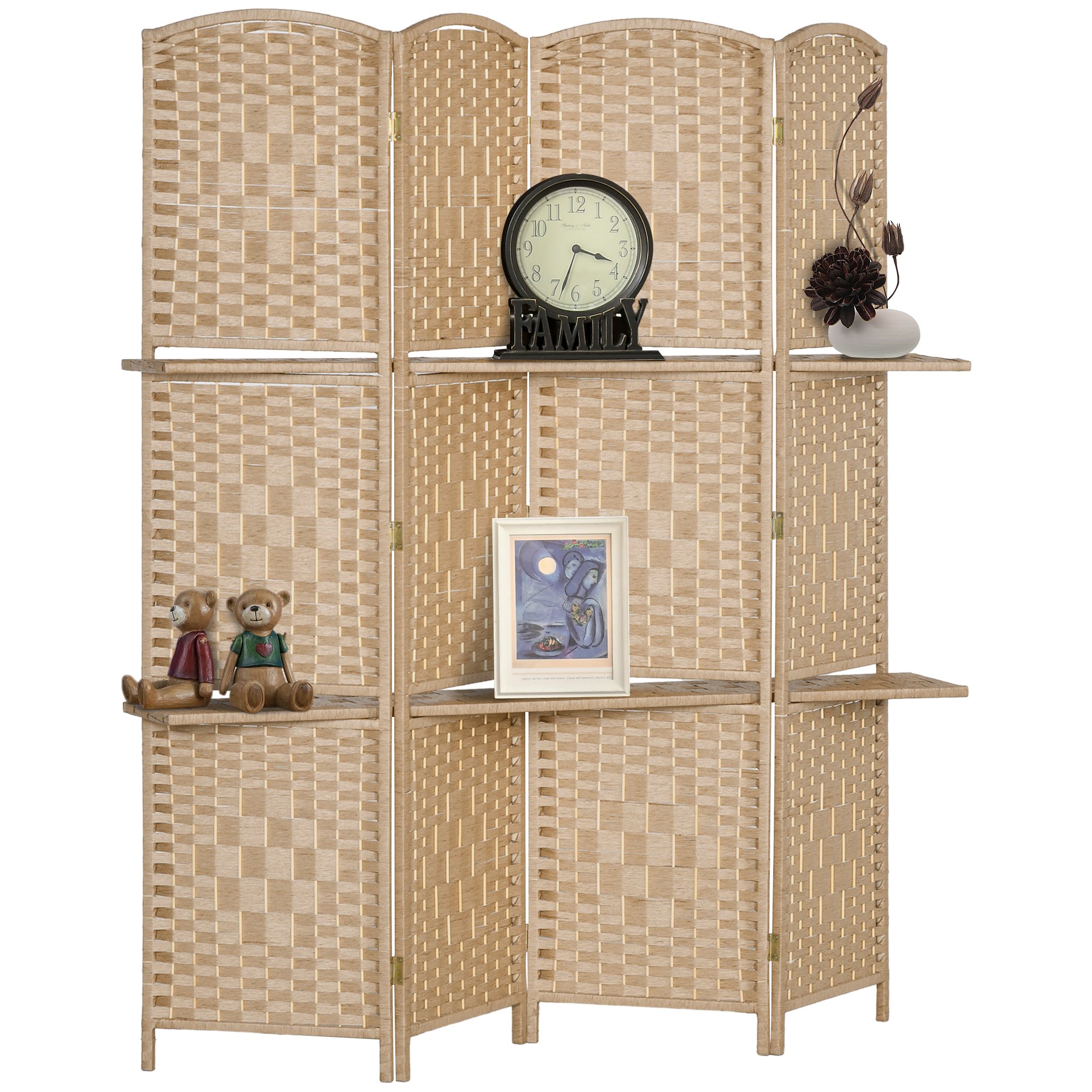 HOMCOM 4 Panel Folding 160 x 170cm Pine and Paper Rope Room Divider – Natural