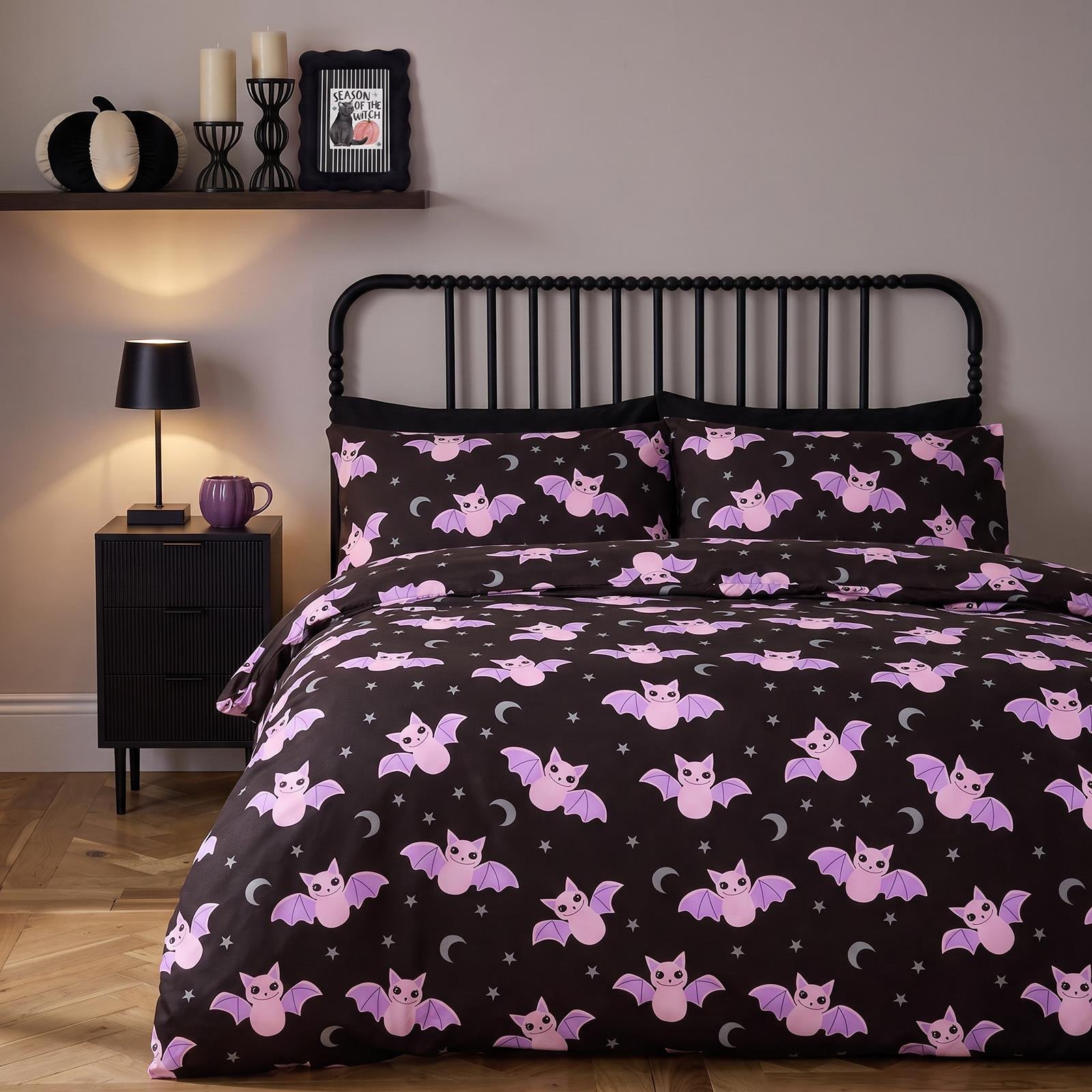 OHS Kids Halloween Bat Print Duvet Cover Set - Black - Double