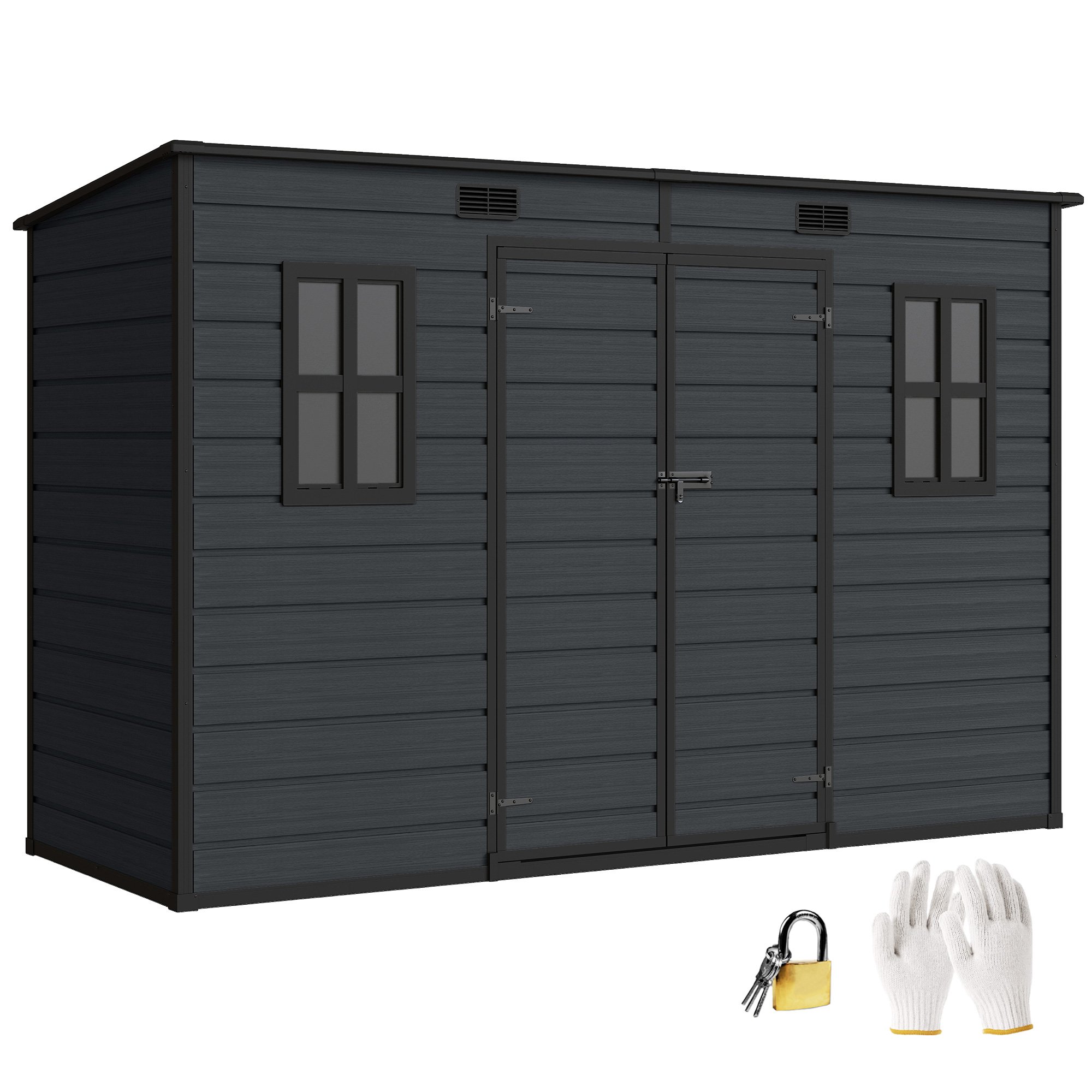 Outsunny Plastic Lockable Vented Garden Shed with Floor – Dark Grey
