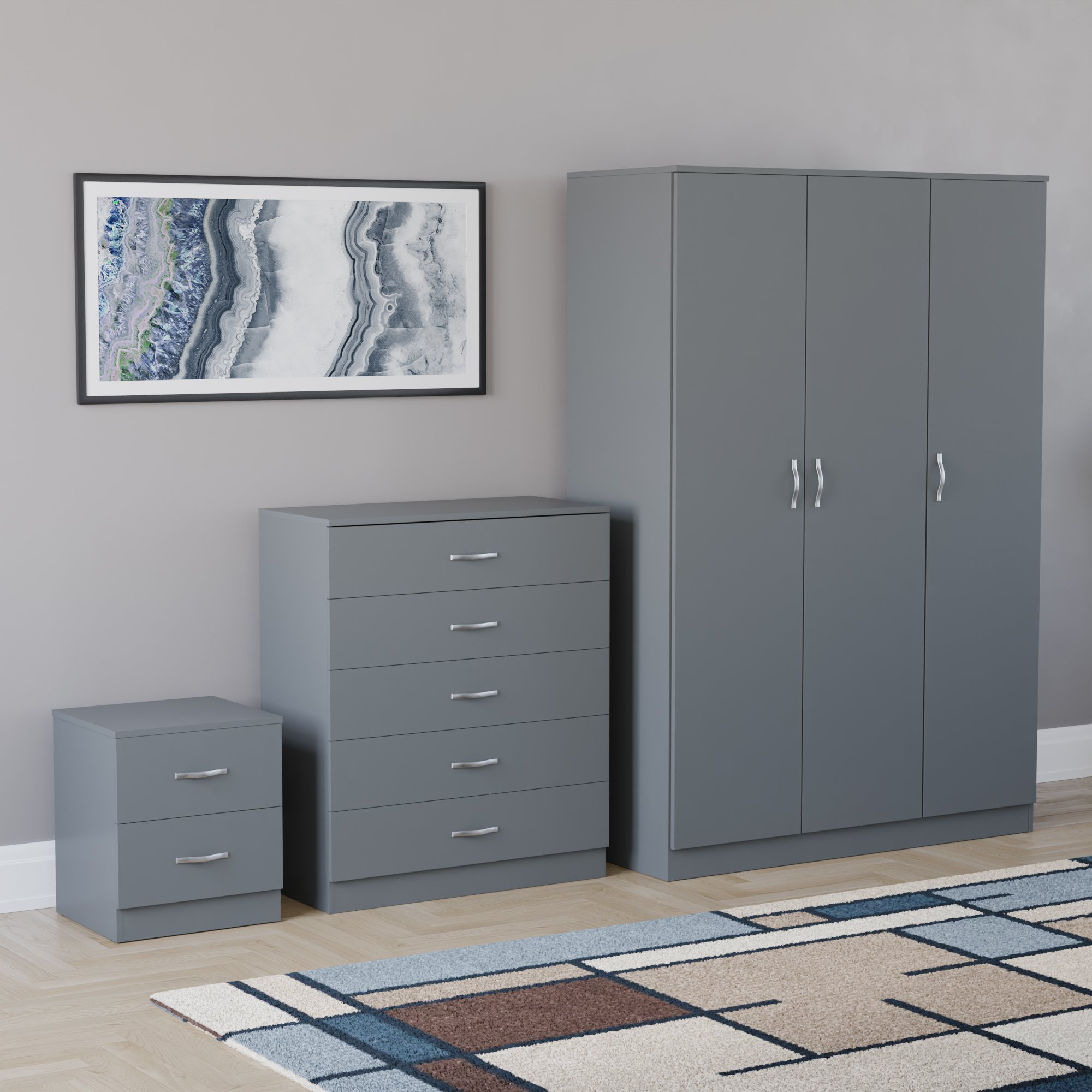 Vida Designs Riano Bedroom Set (Bedside, 5 Drawer Chest, 3 Door Wardrobe) - Grey