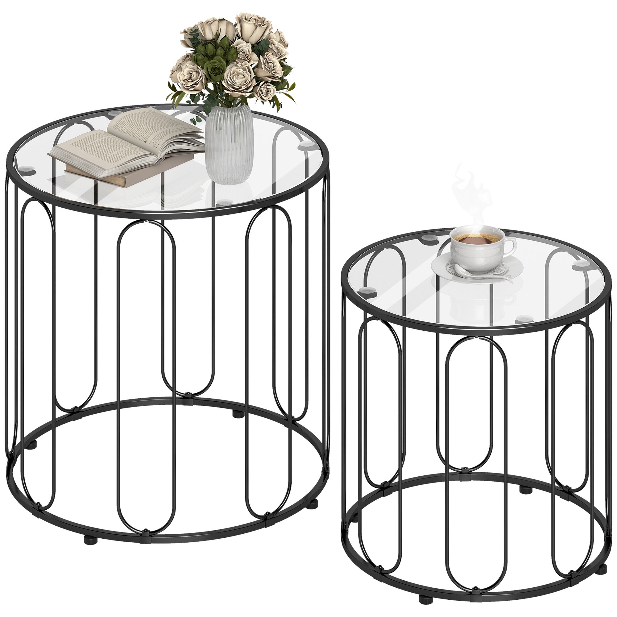 HOMCOM Set of 2 Round Glass Nest of Tables with Metal Frame - Black