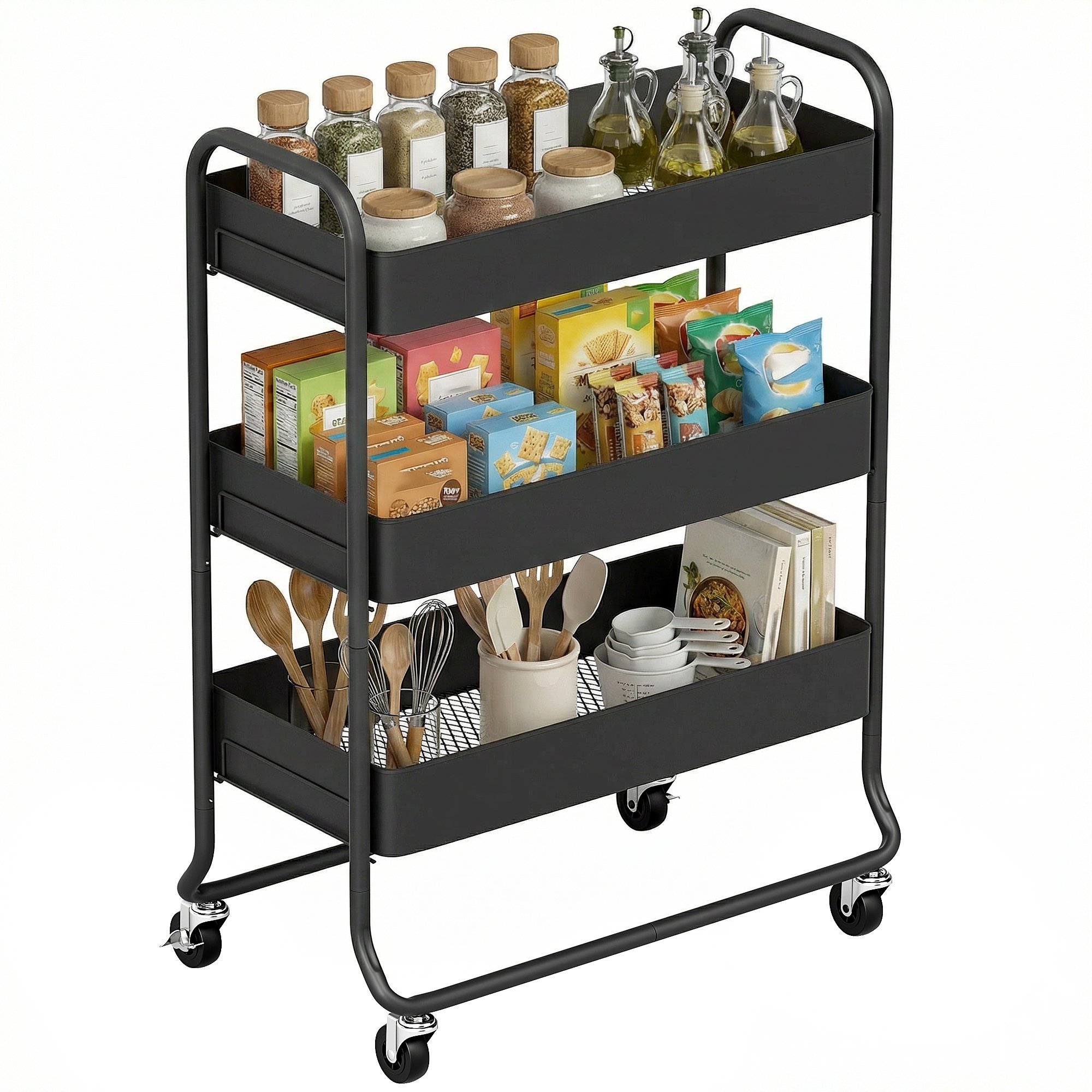 HOMCOM 3 Tier Metal Storage Trolley with Mesh Backets - Black