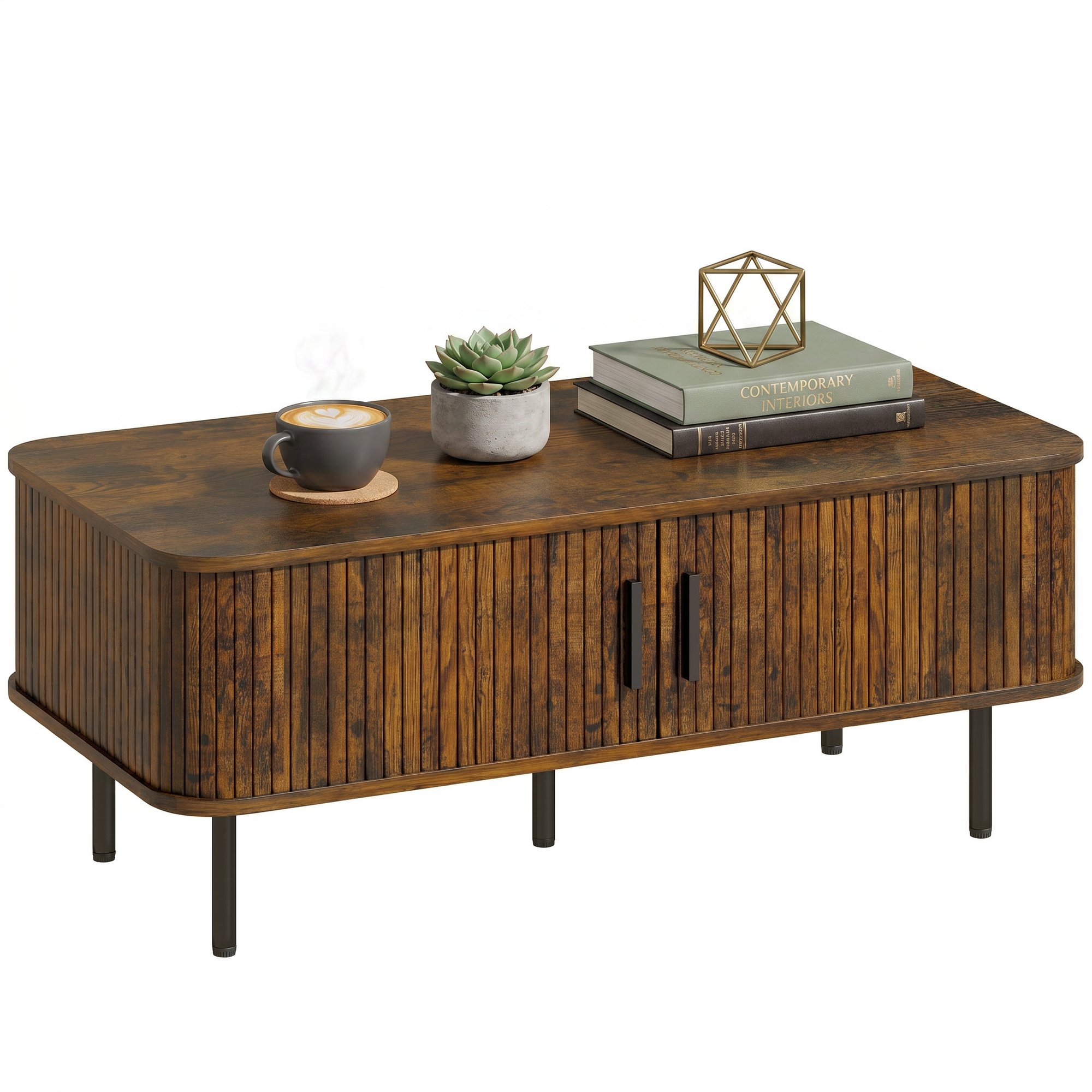 HOMCOM Coffee Table with Storage and Slatted Tambour Sliding Doors - Brown
