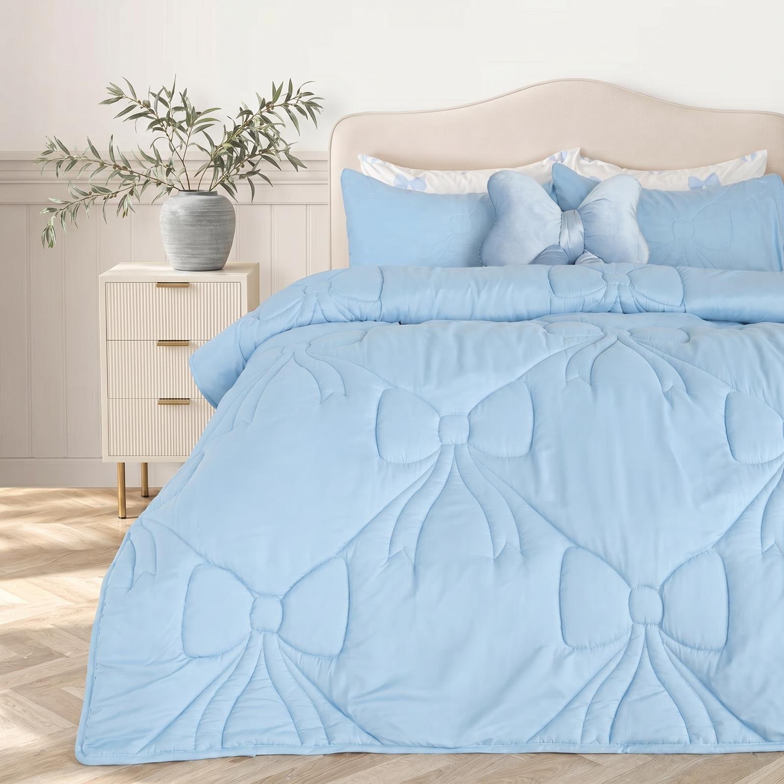 OHS Dusky Blue Bow Lattice Coverless 7.5 Tog Duvet Bedding Set - Single