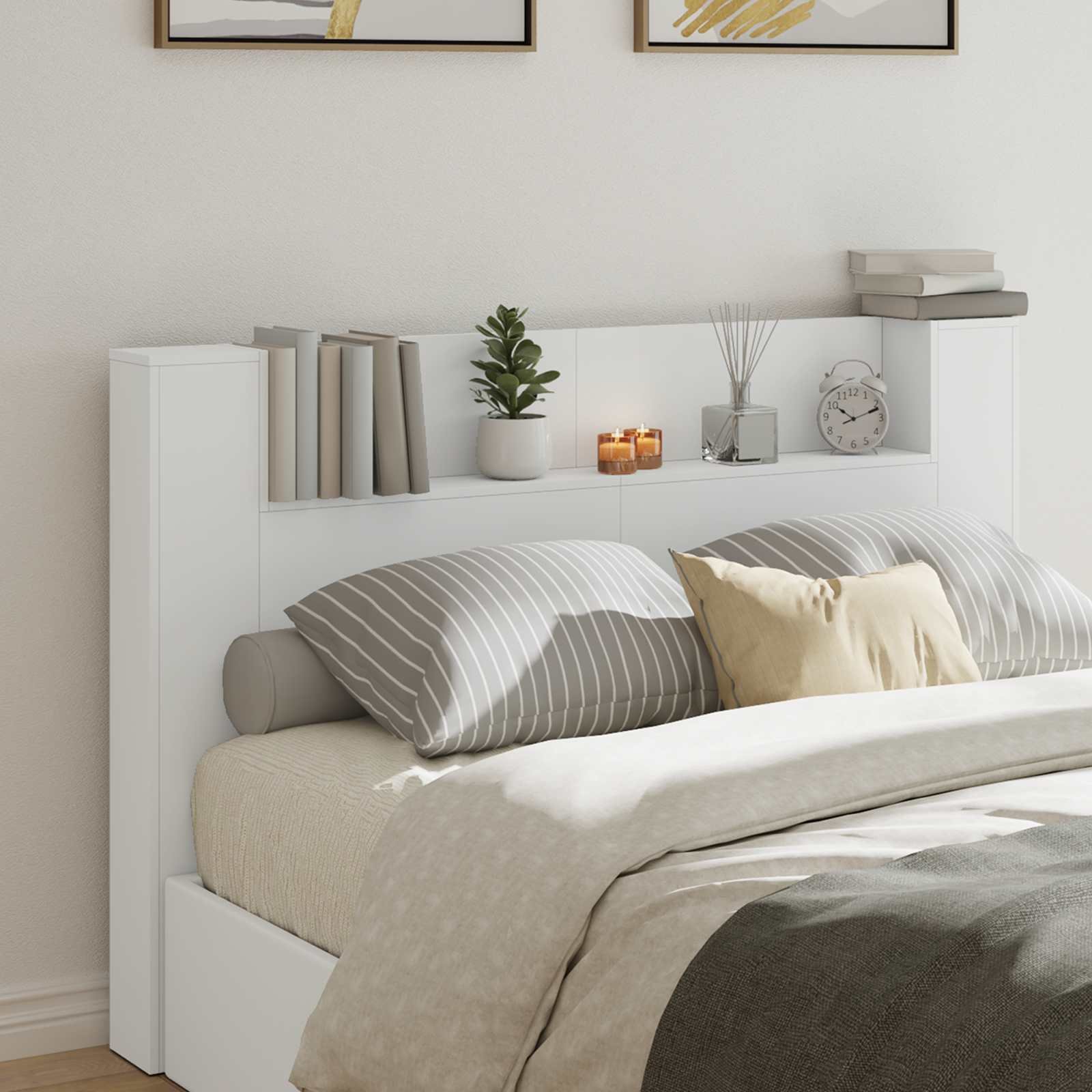 Walplus Engineered Wood LED Storage Headboard - White - 160 x 16.5 x 103.5 cm
