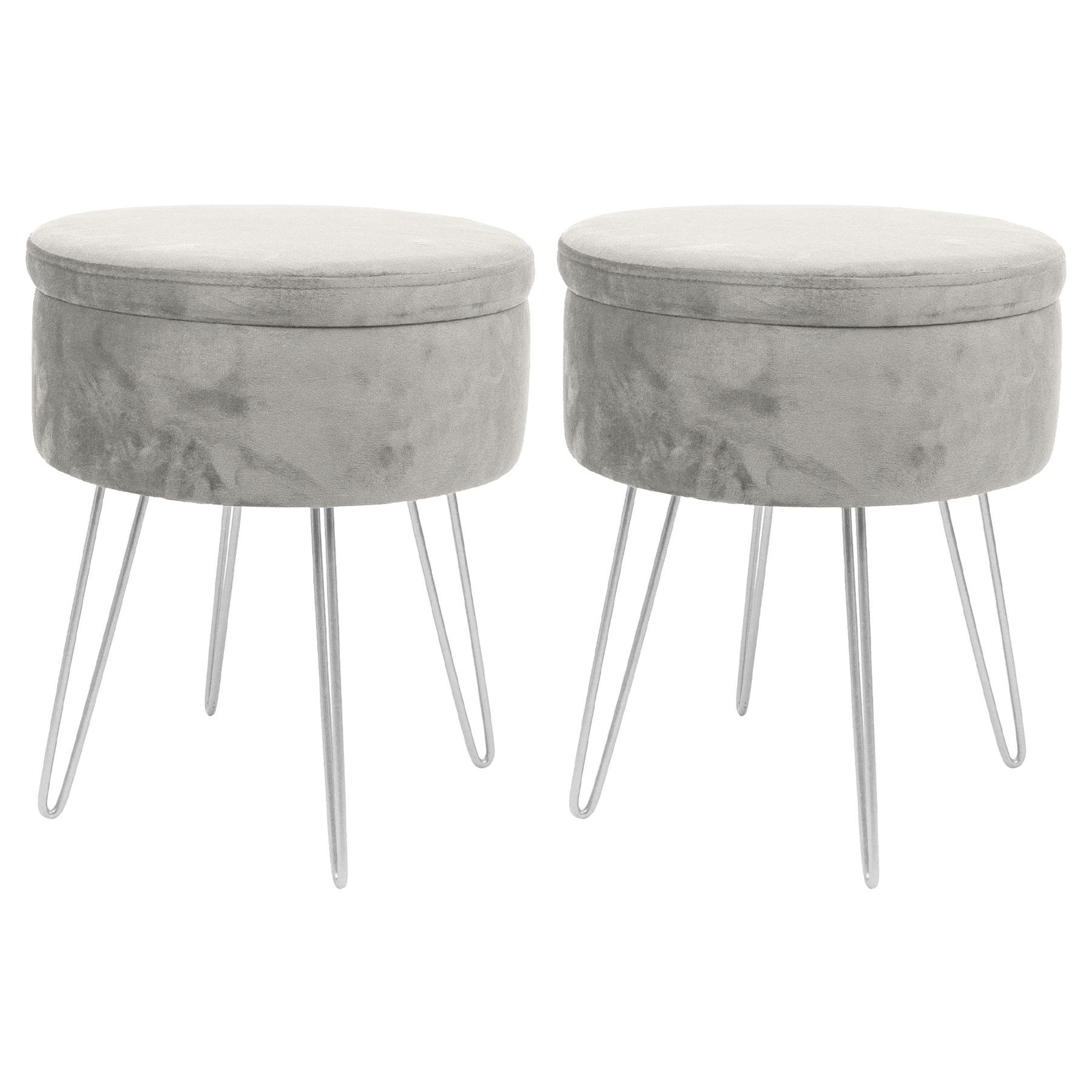 Harbour Housewares Round Velvet Storage Footstools - Grey/Silver - Set of 2