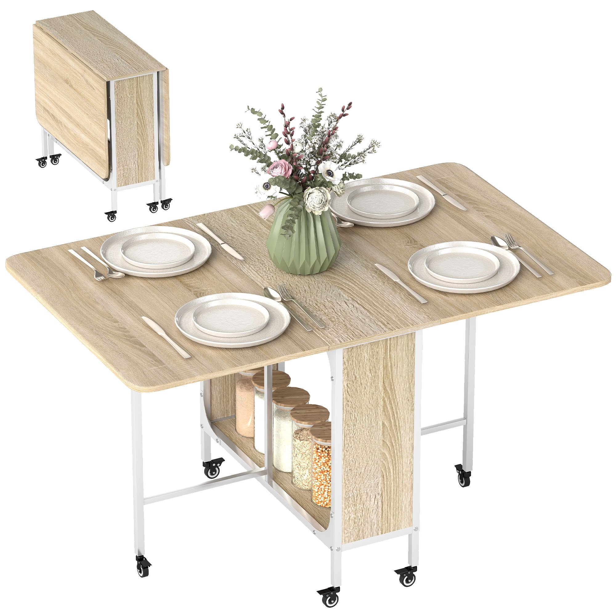 HOMCOM Mobile Drop Leaf Table with 6 Wheels and Shelf - Natural wood finish
