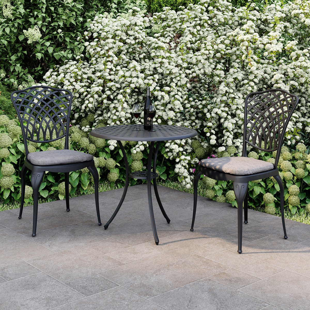 Charles Bentley Cast Aluminium Outdoor Bistro Table and 2 Chairs Set - Black