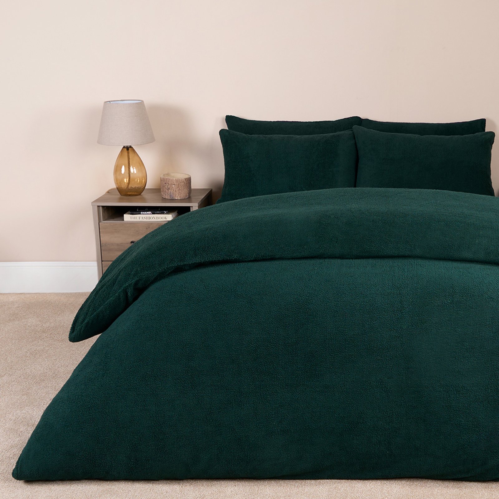 OHS Thermal Soft Teddy Fleece Duvet Cover Bedding Set Forest Green - King