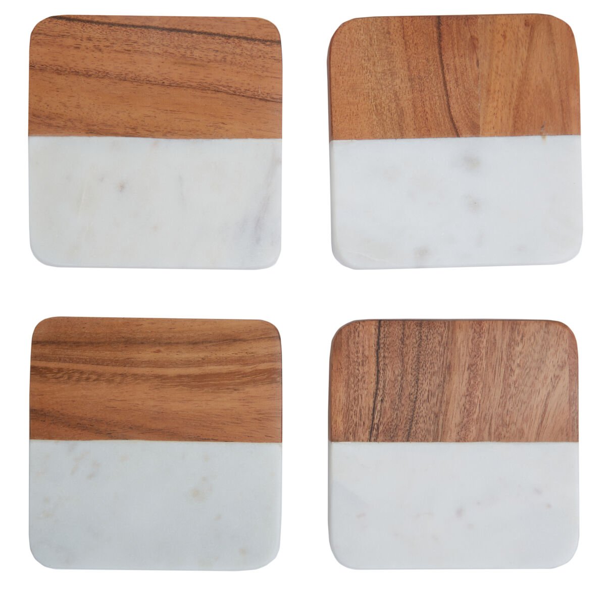 Orsina Set Of 4 Monzaro Marble and Acacia Wood Coasters - White and Natural