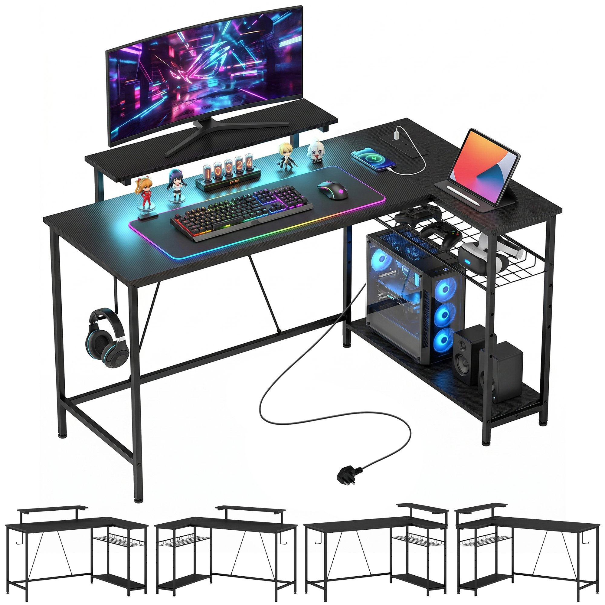 HOMCOM 132cm L Shaped Gaming Desk with LED Lights and power Outlet - Black