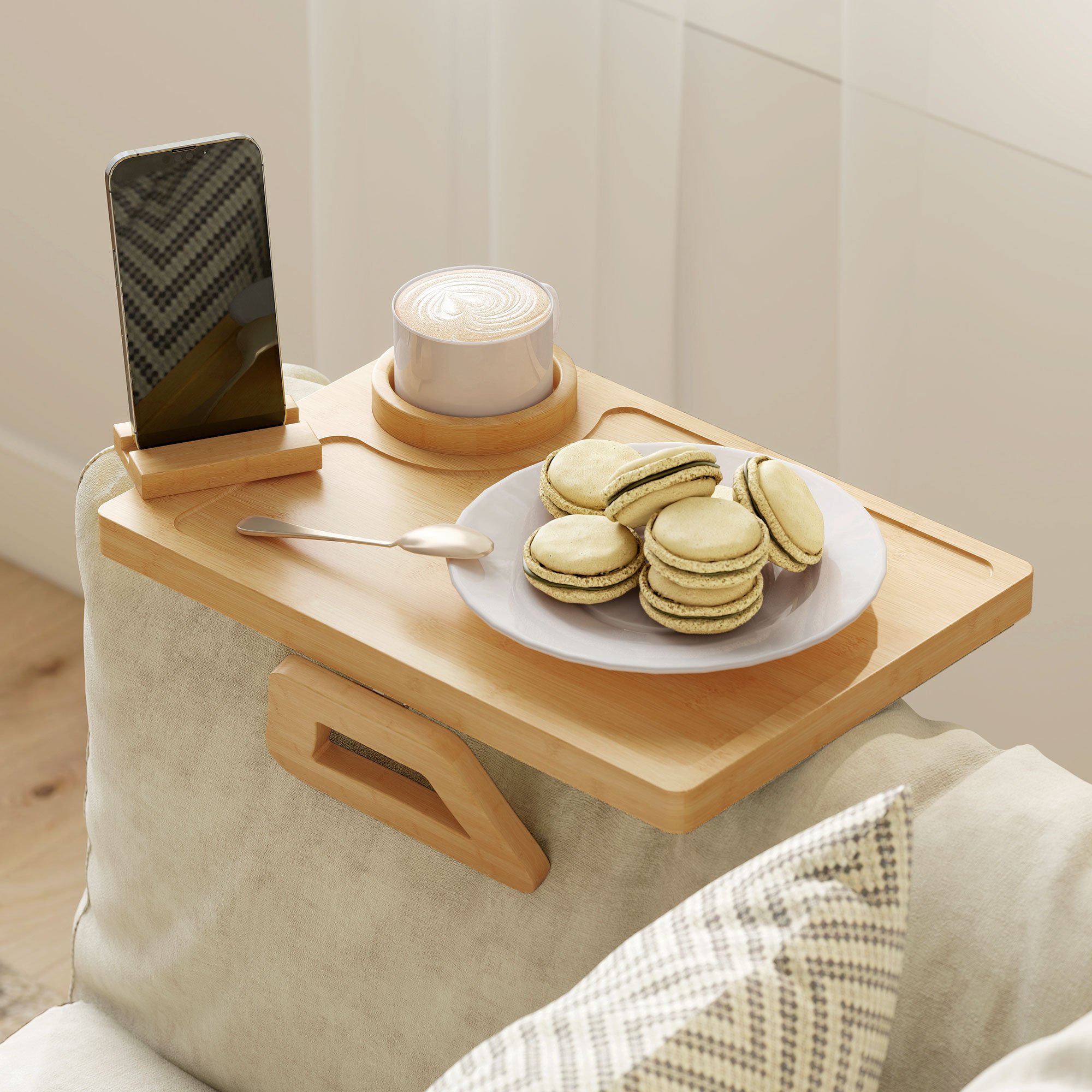 HOMCOM Bamboo Anti-Slip Phone and Cup Holder Sofa Arm Tray – Natural