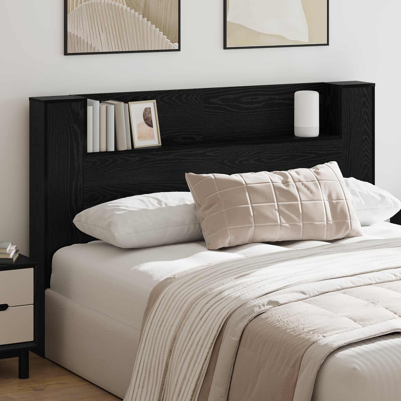 Walplus Wood LED Headboard Cabinet - Black Ash - 160 x 16.5 x 103.5 cm