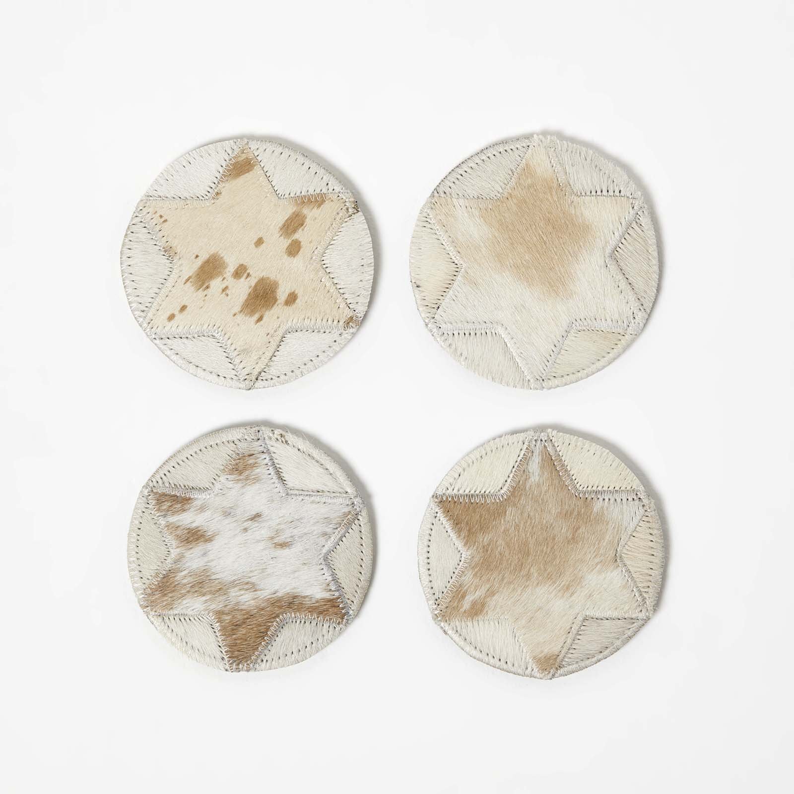 Homescapes Pack of 4 Round Star Leather Coasters - Brown