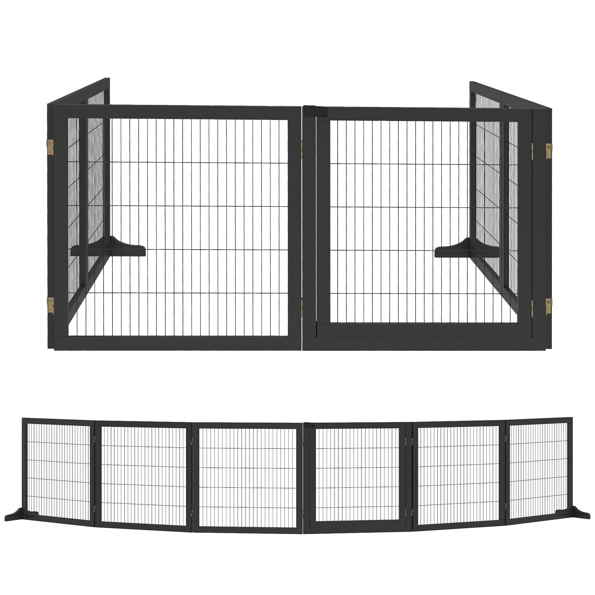PawHut 6-Panel Wooden Freestanding Foldable Pet Gate - Black