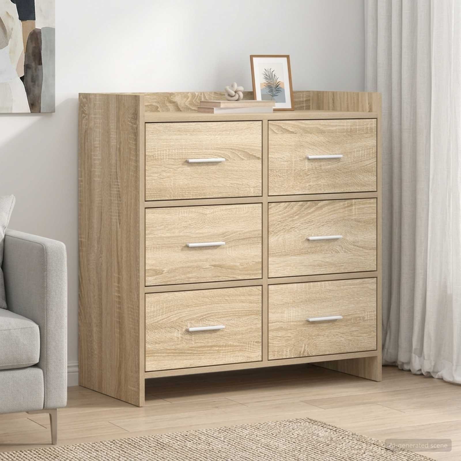 Walplus 6 Drawer Rectangular Sideboard - Sonoma Oak - 75 x 33 x 80 cm