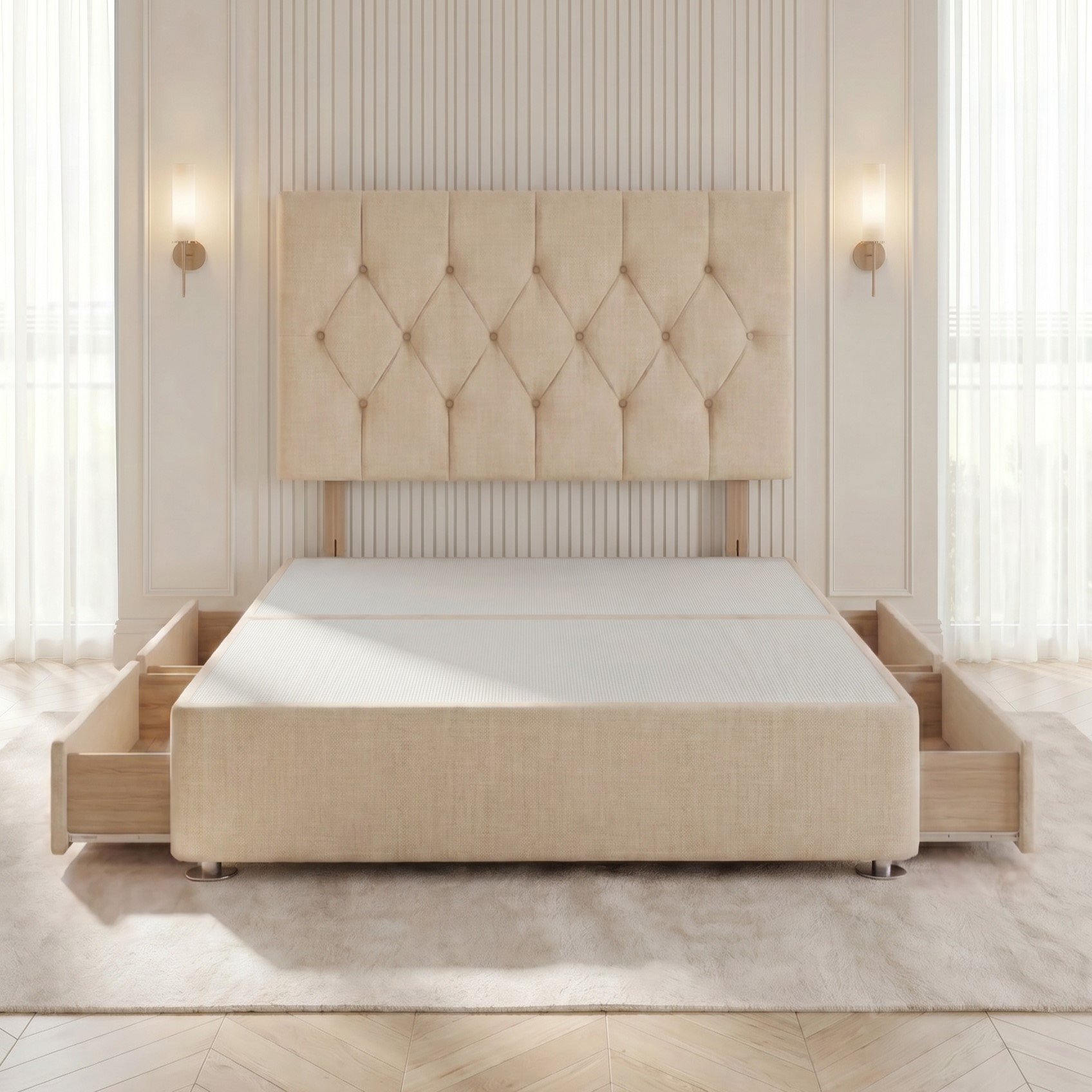 Somnior Chester Linen Small Double 4 Drawer Divan Bed with Headboard - Beige