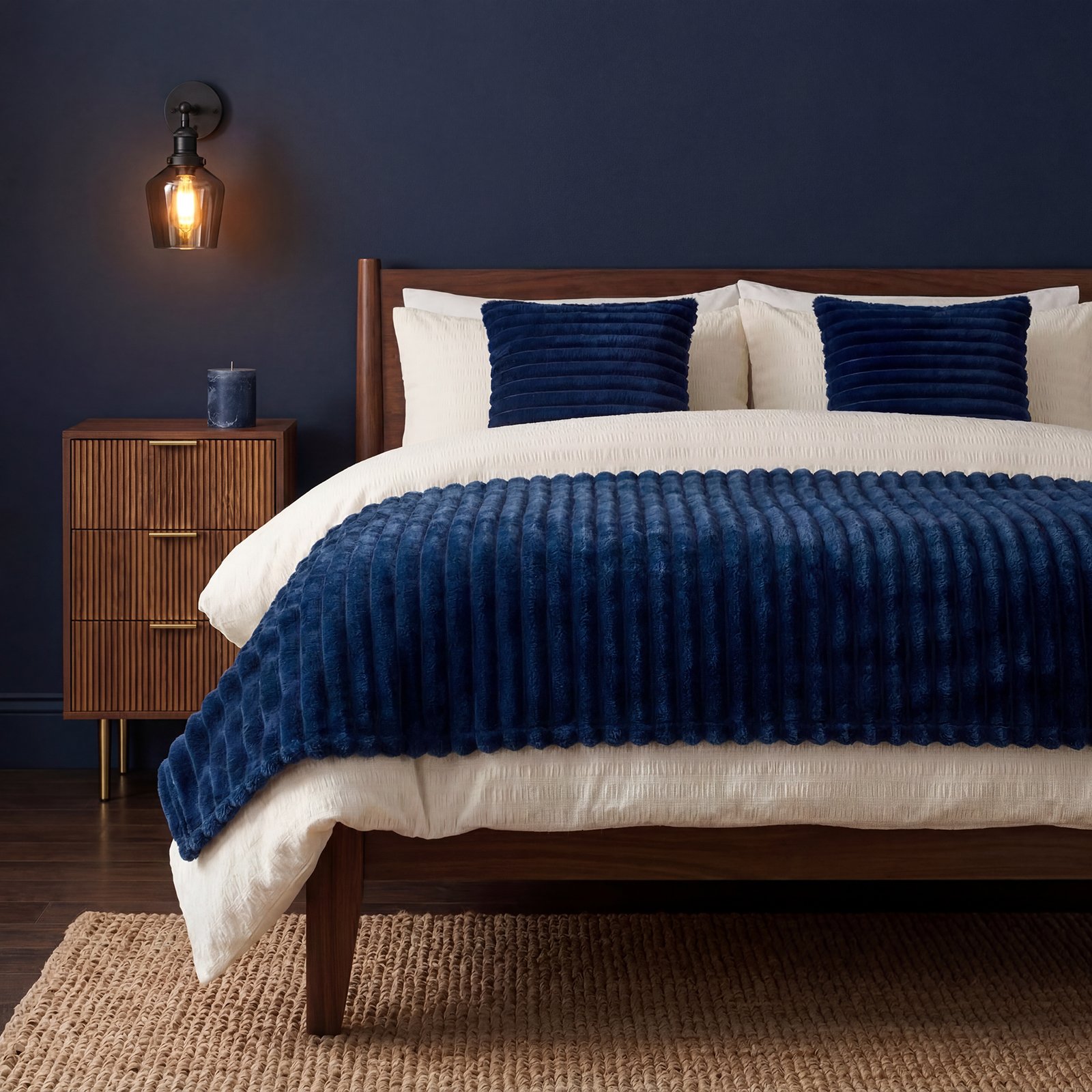 OHS Faux Fur Thick Rib Blanket Throw 125 x 150cm - Navy
