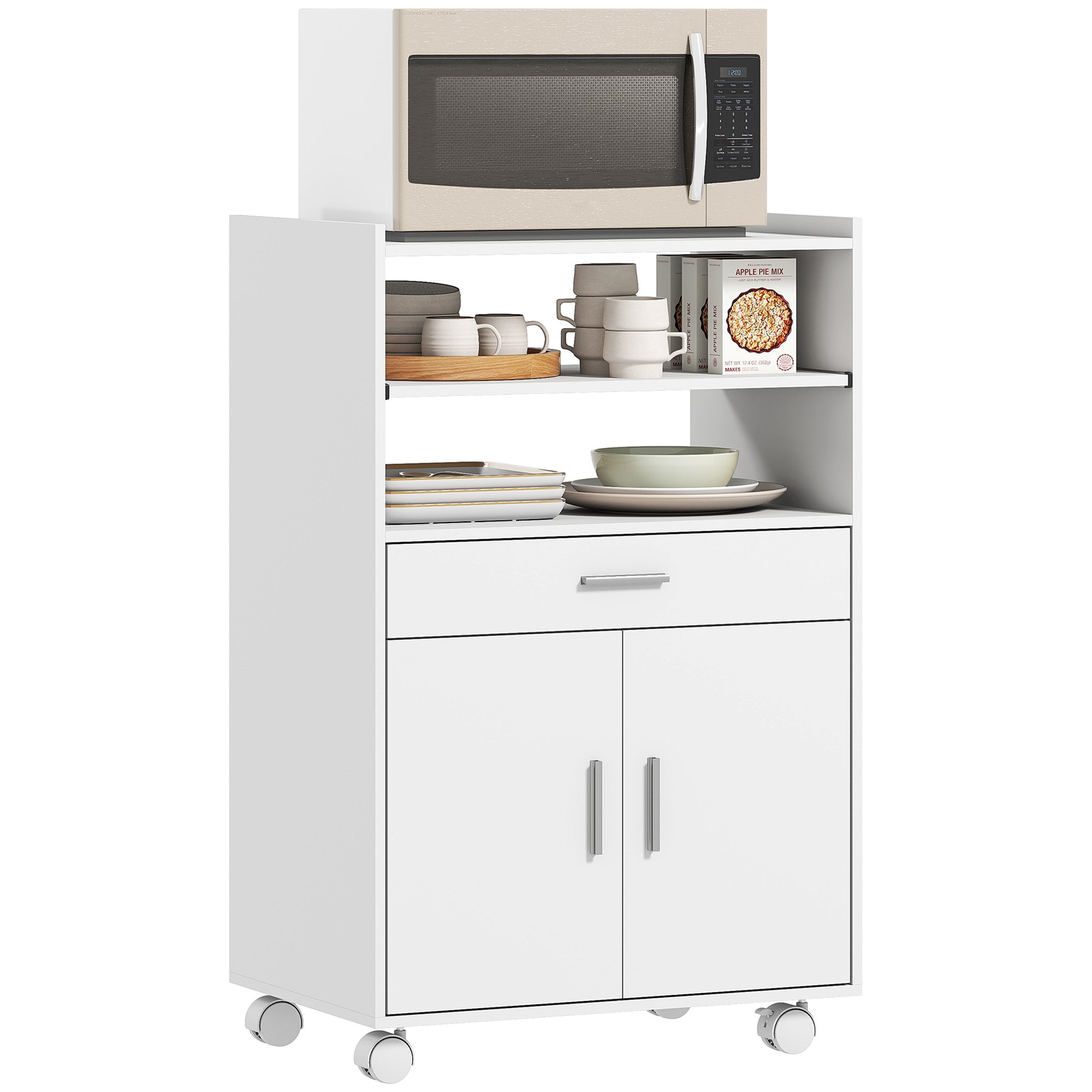 HOMCOM Microwave Stand with Wheels and Slide Out Shelf - White