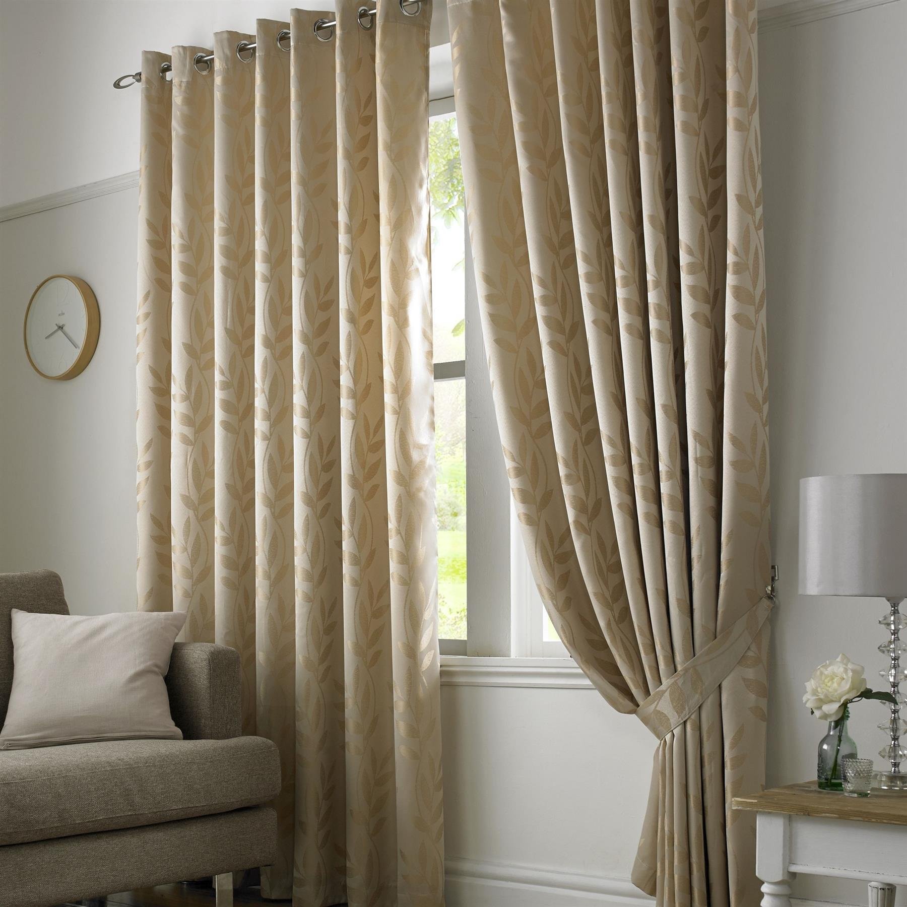 Luxury Living Jacquard Leaf Lined Eyelet Curtains 117cm x 137cm - Latte