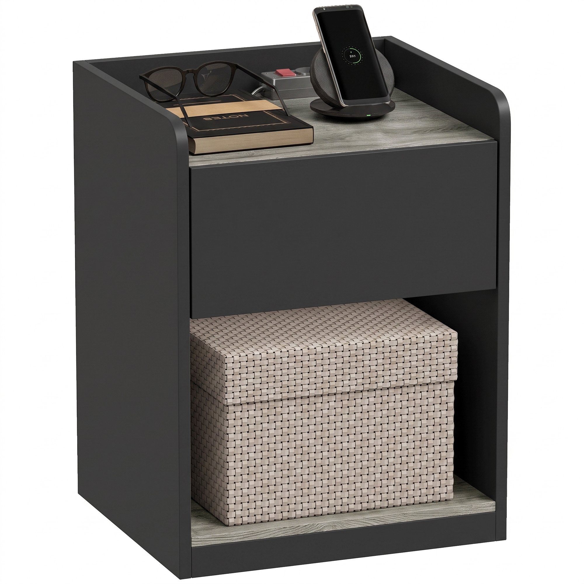 HOMCOM Modern Bedside Table with Drawer and Cable Holes - Black and Grey