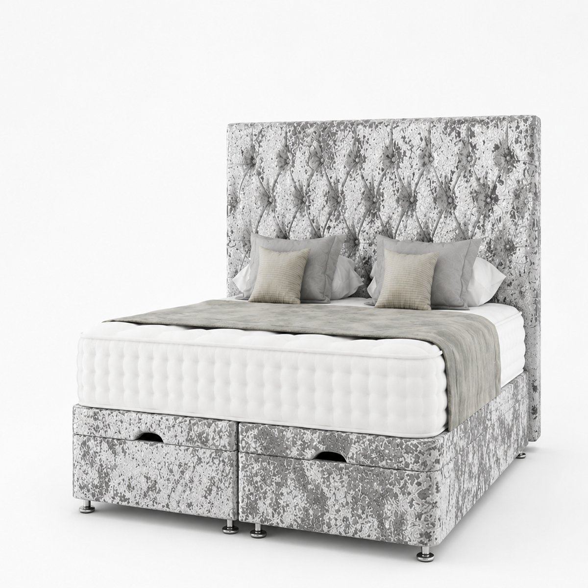 Comfy Deluxe Senna  Crush Velvet 6ft  Size End Lift Ottoman Bed Set - Silver
