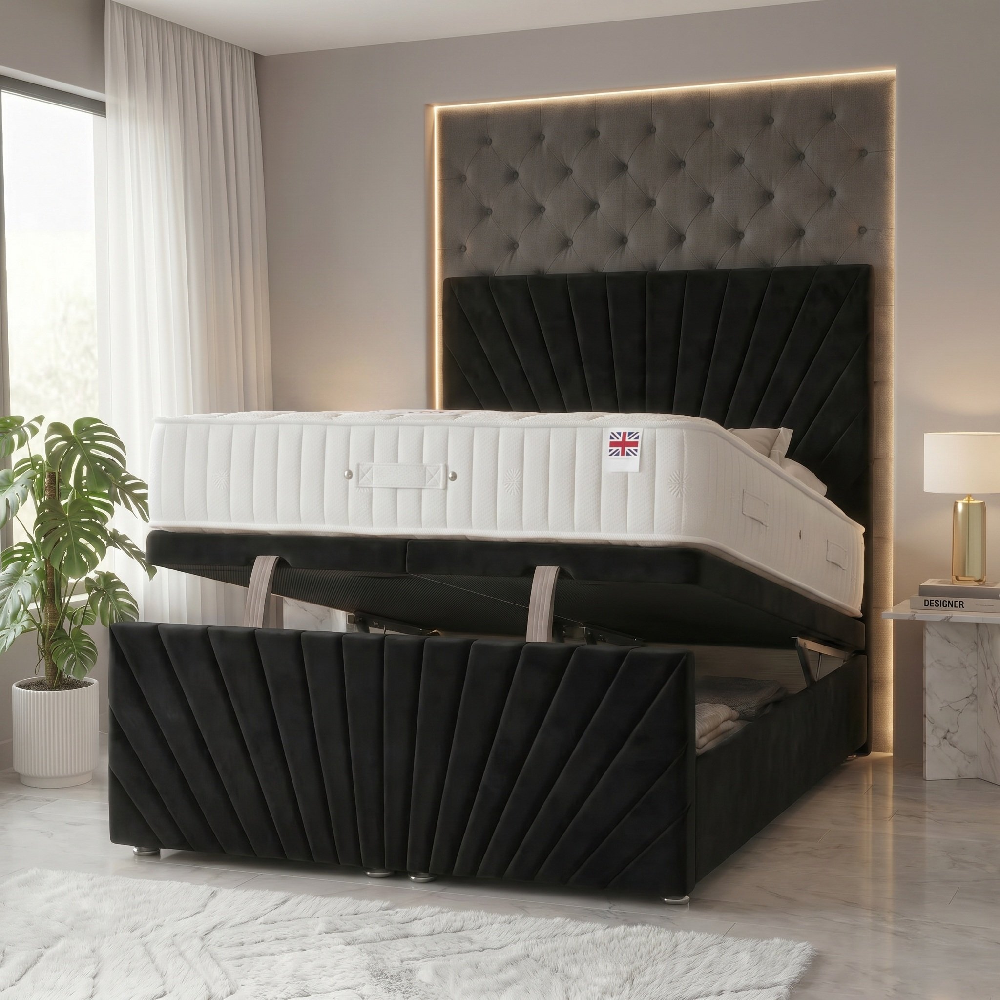 Somnior Velvet Small Double Ottoman Divan Bed with Memory Mattress - Black