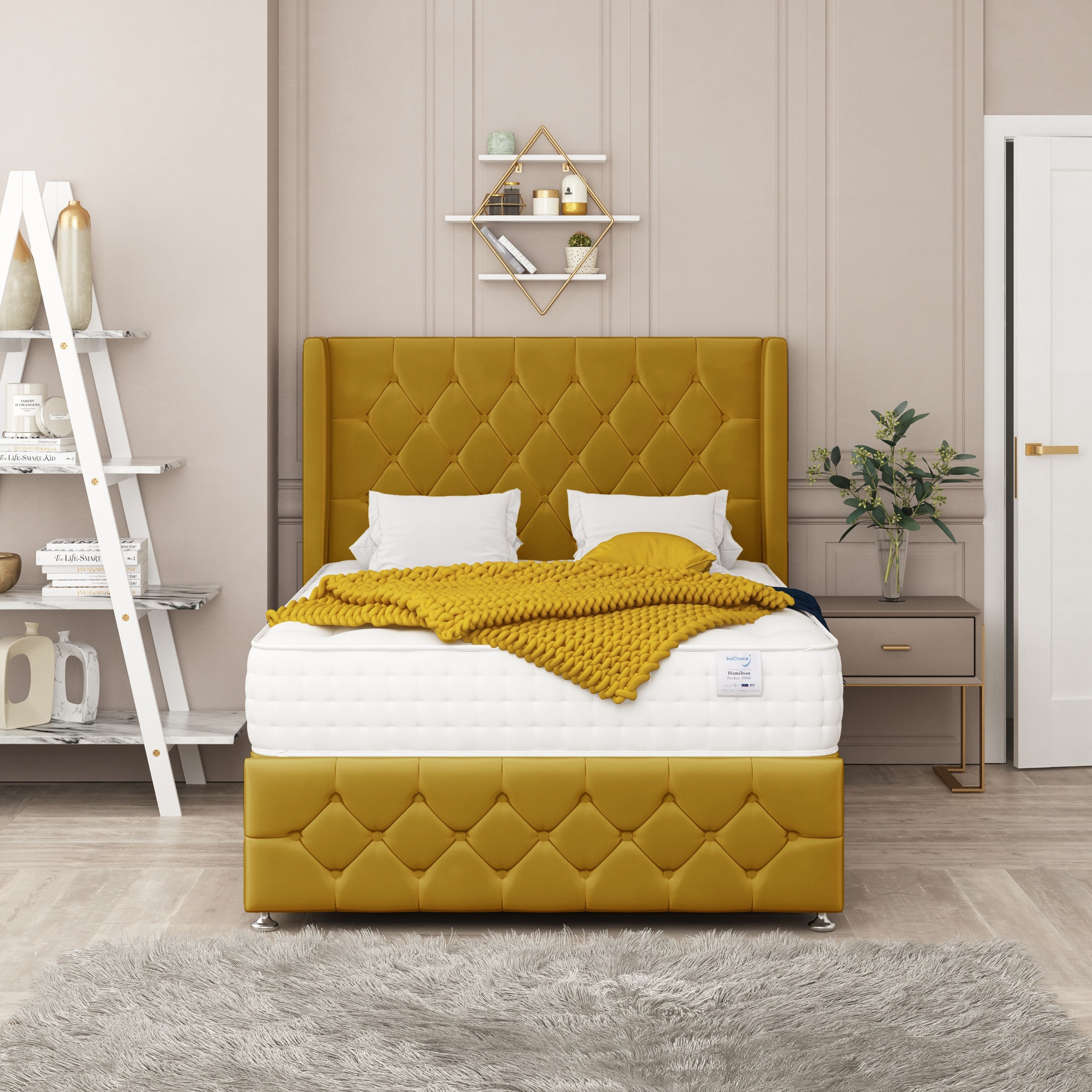 Bed Choices Elena King 2 Drawer 26" Headboard Divan Bed Set - Mustard
