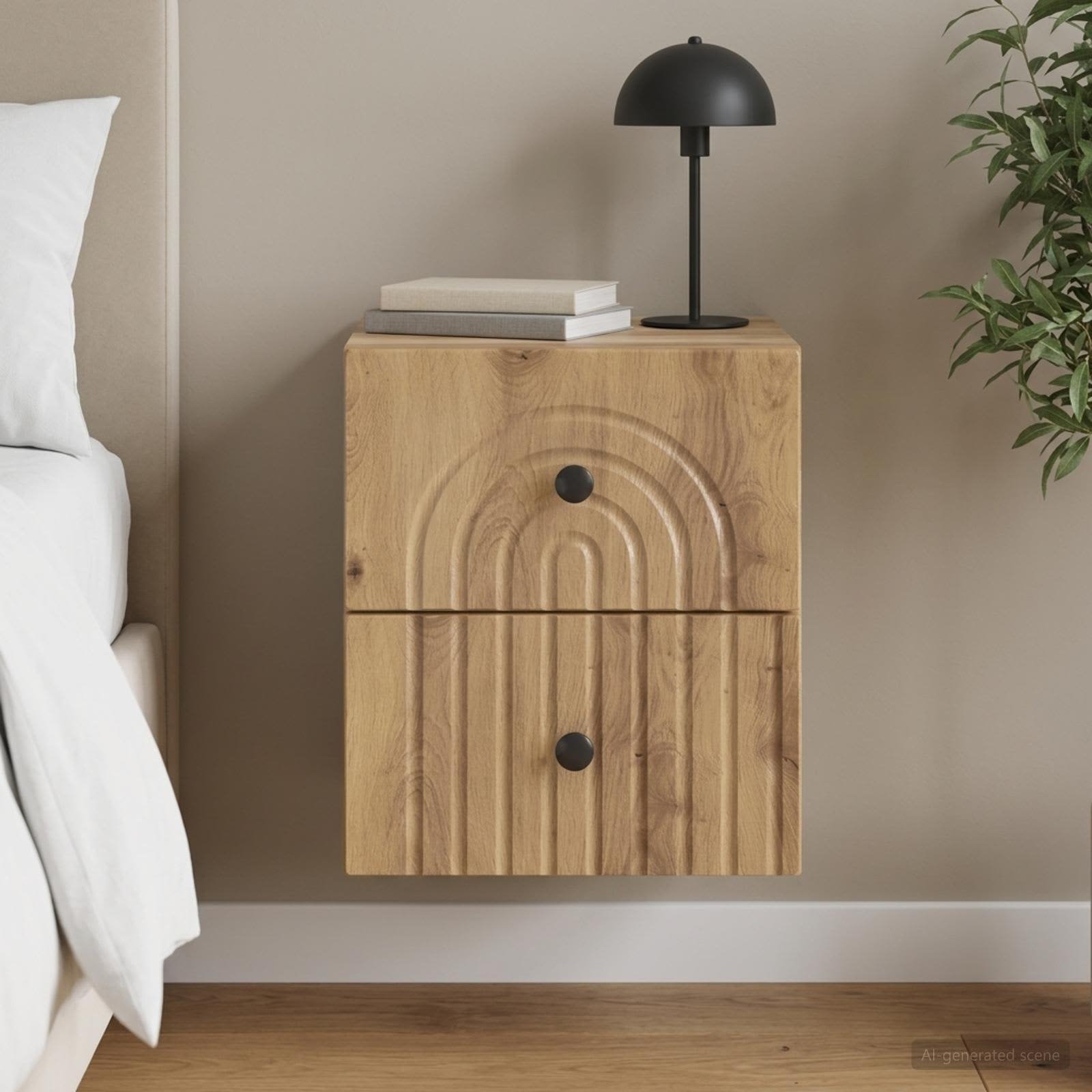Walplus 2 Drawer Wall Mounted Bedside Cabinet - Oak - 33 x 34.5 x 40 cm