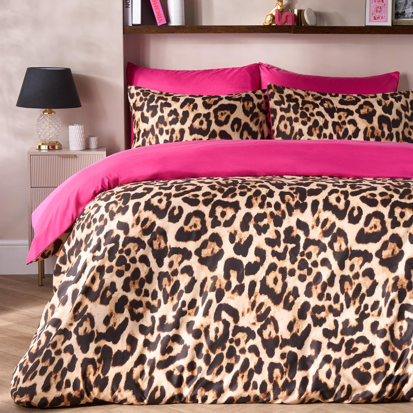 OHS Leopard Reversible Microfibre Duvet Cover Set Multi - Double
