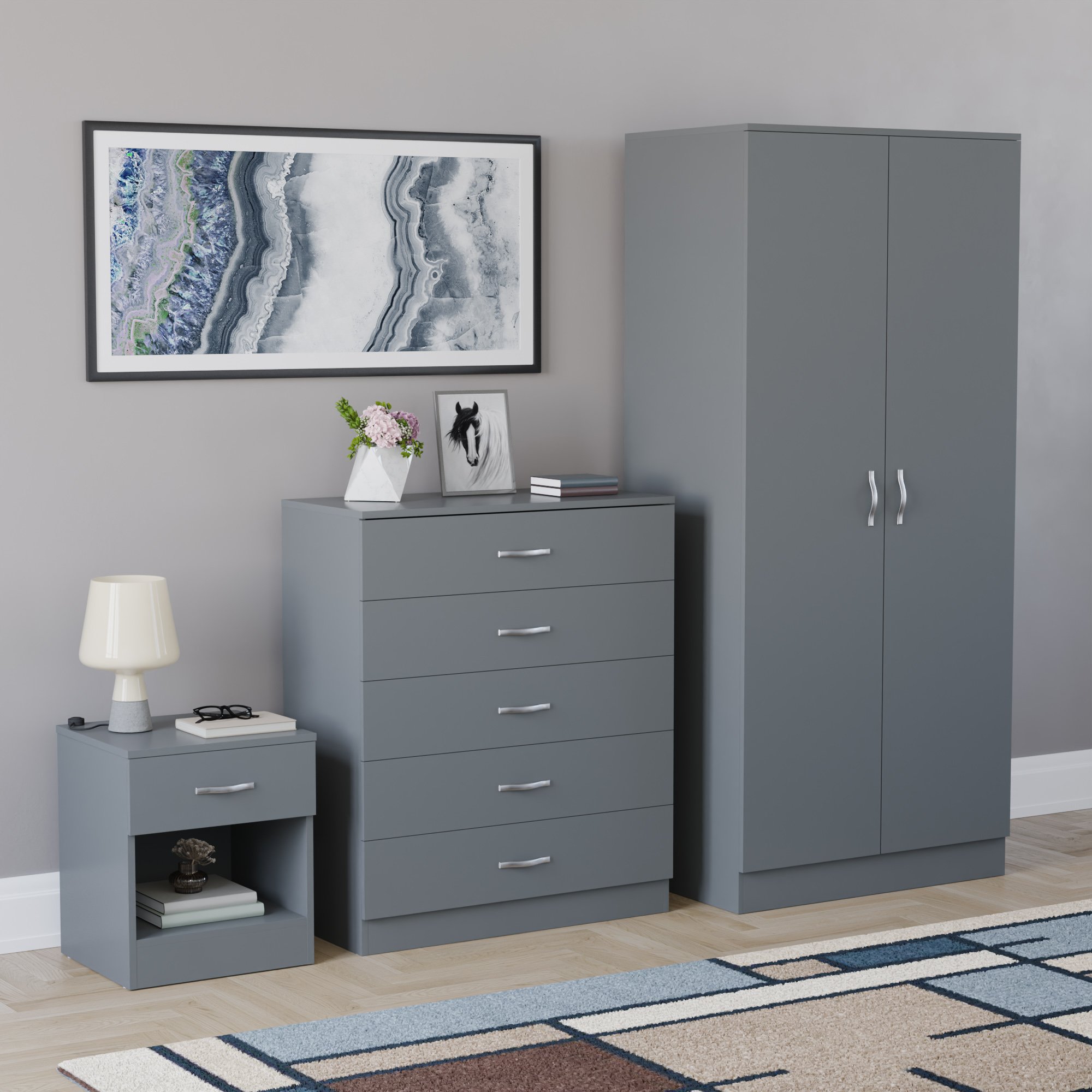 Vida Designs Riano Bedroom Set (Bedside, 5 Drawer Chest, 2 Door Wardrobe) - Grey