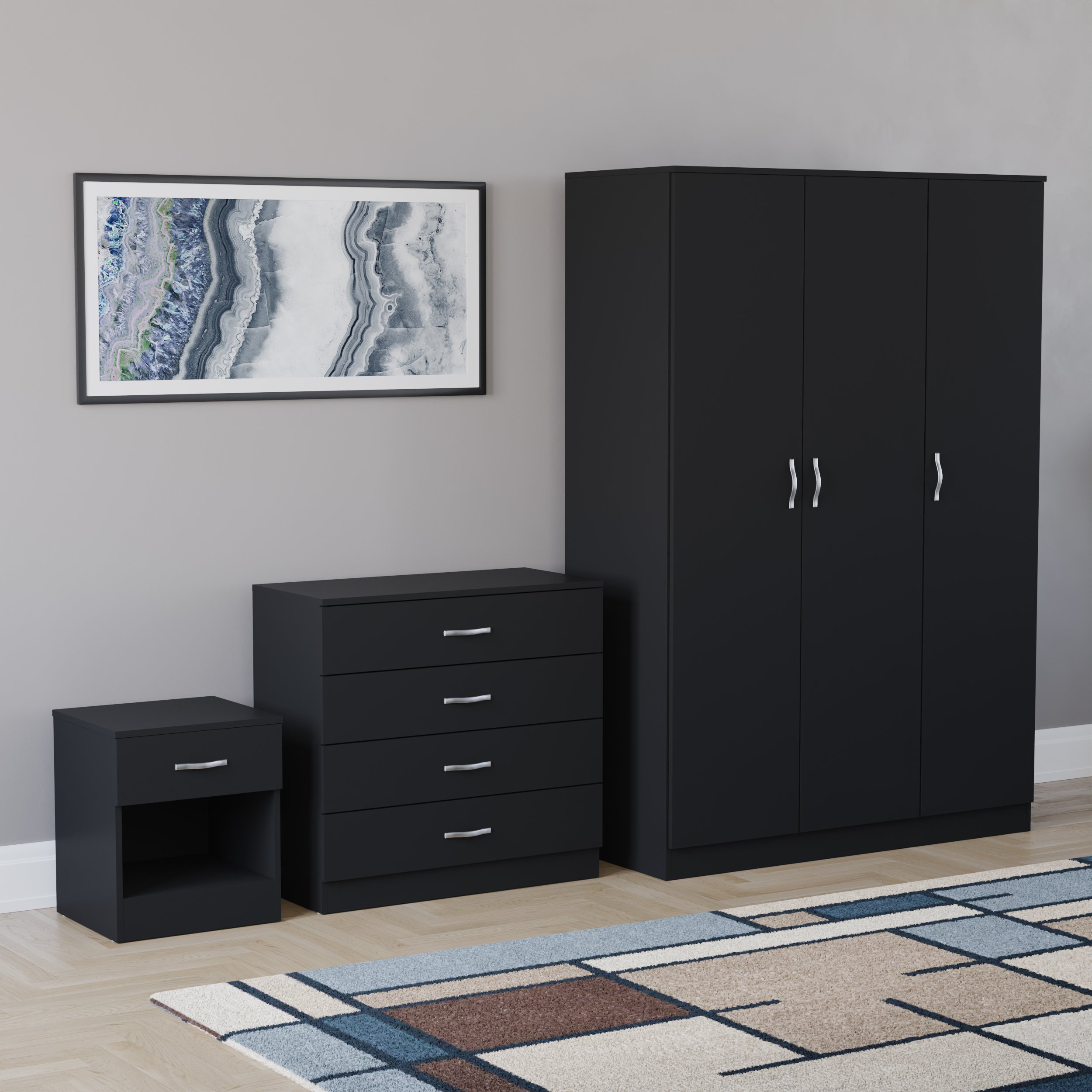 Vida Designs Riano Bedroom Set (Bedside, 4 Drawer Chest, 3 Door Wardrobe)- Black