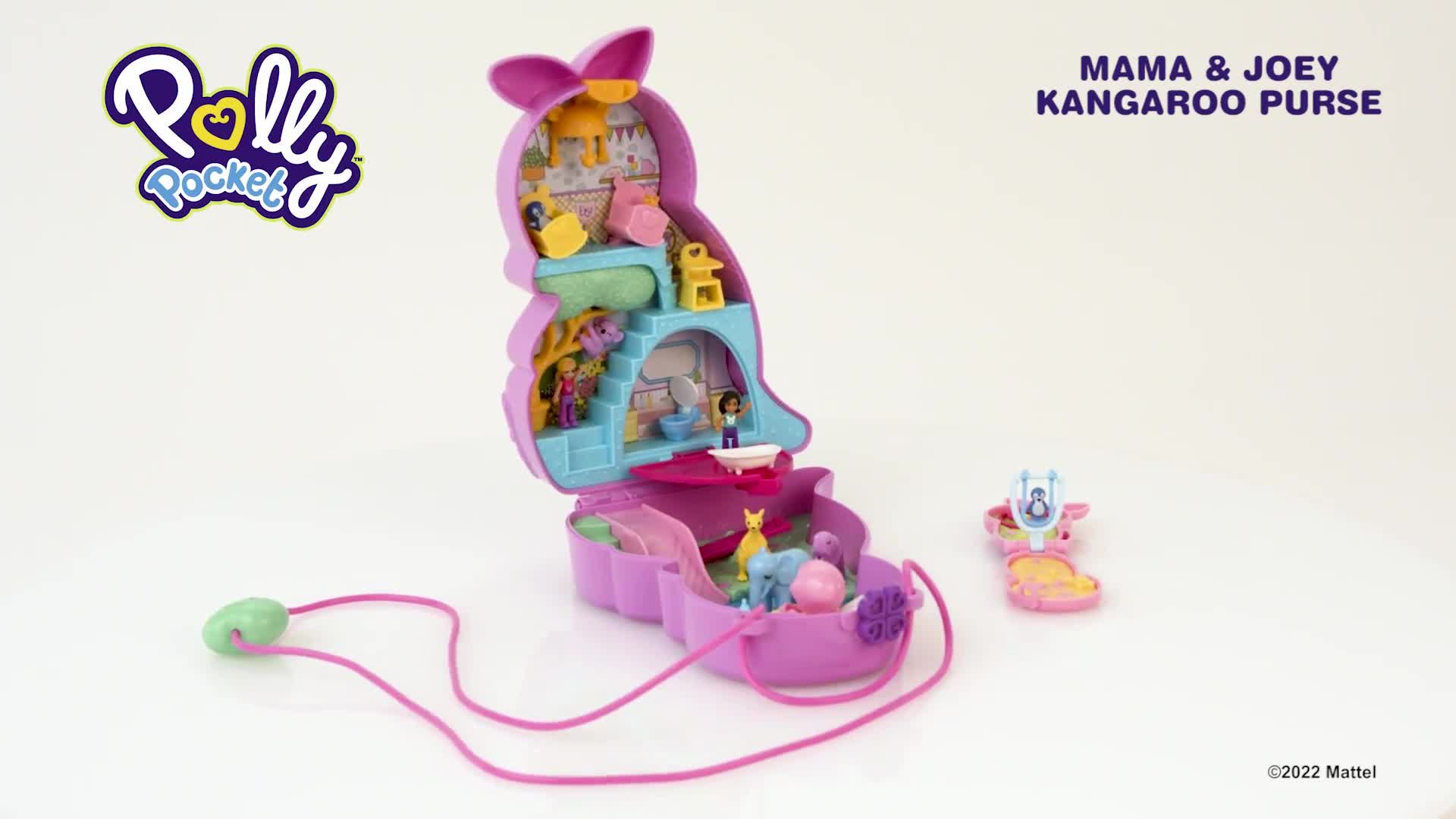Polly Pocket Mini Toys, Mama and Joey Kangaroo Purse 2-in-1 Compact Playset  with 2 Micro Dolls and Accessories, Travel Toys, HKV50